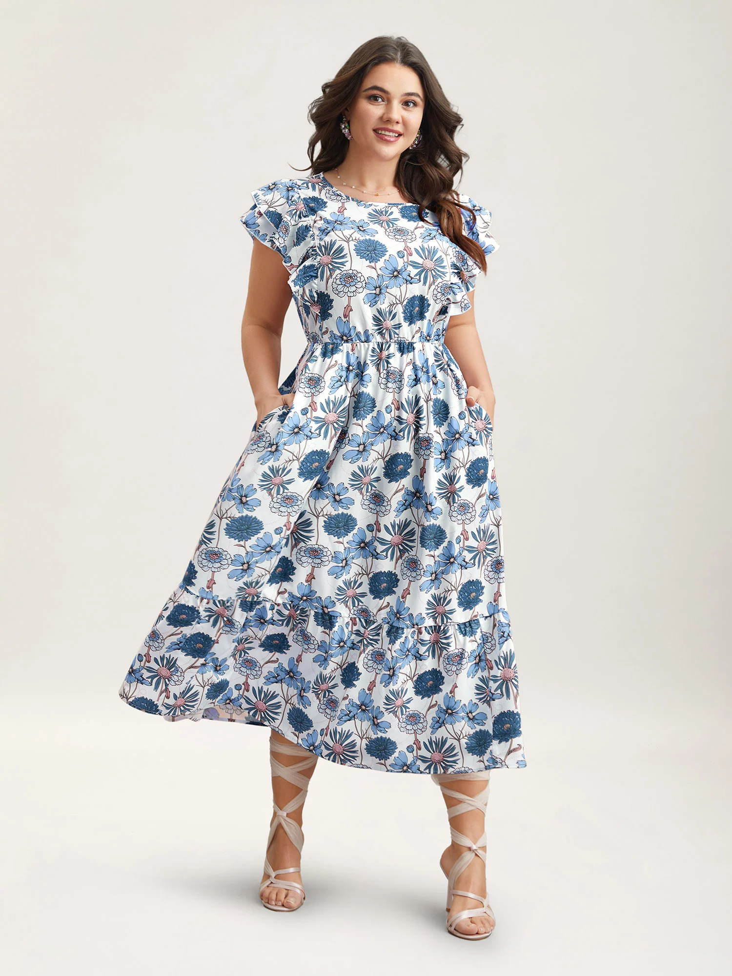 Ruffled Floral Print Stretchy-Waist Midi Dress - Image 12