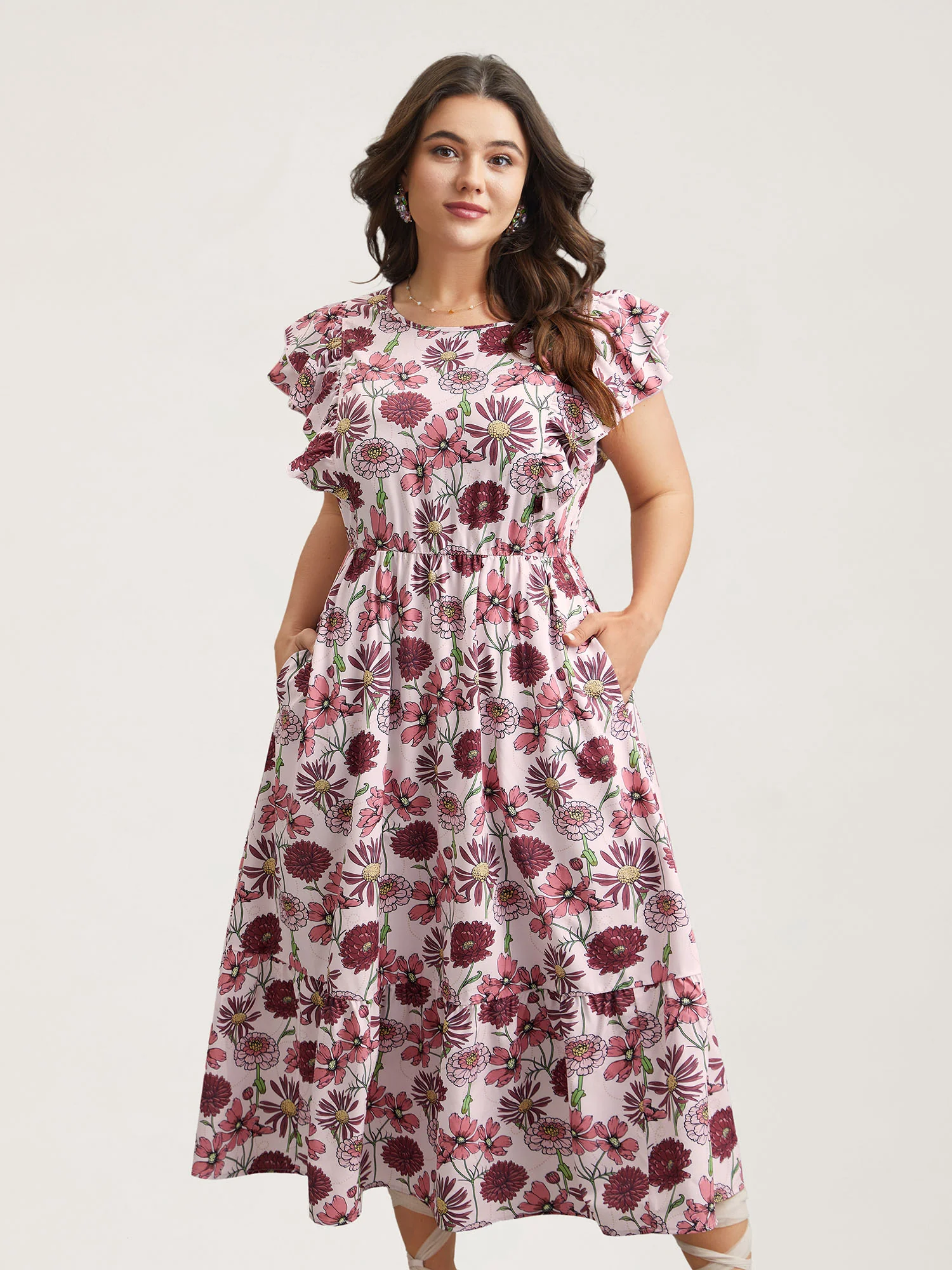 Ruffled Floral Print Stretchy-Waist Midi Dress - Image 2