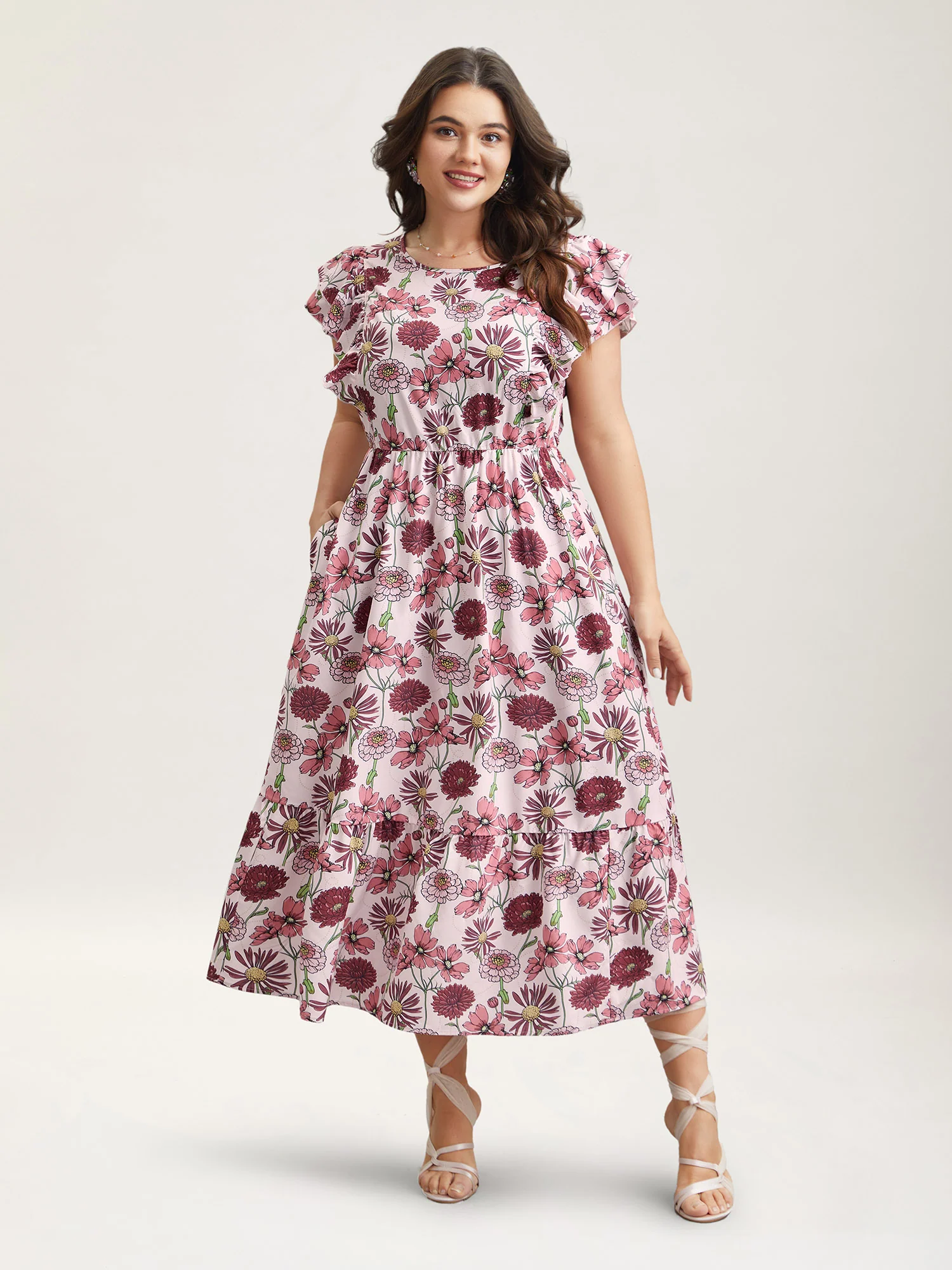Ruffled Floral Print Stretchy-Waist Midi Dress - Image 3