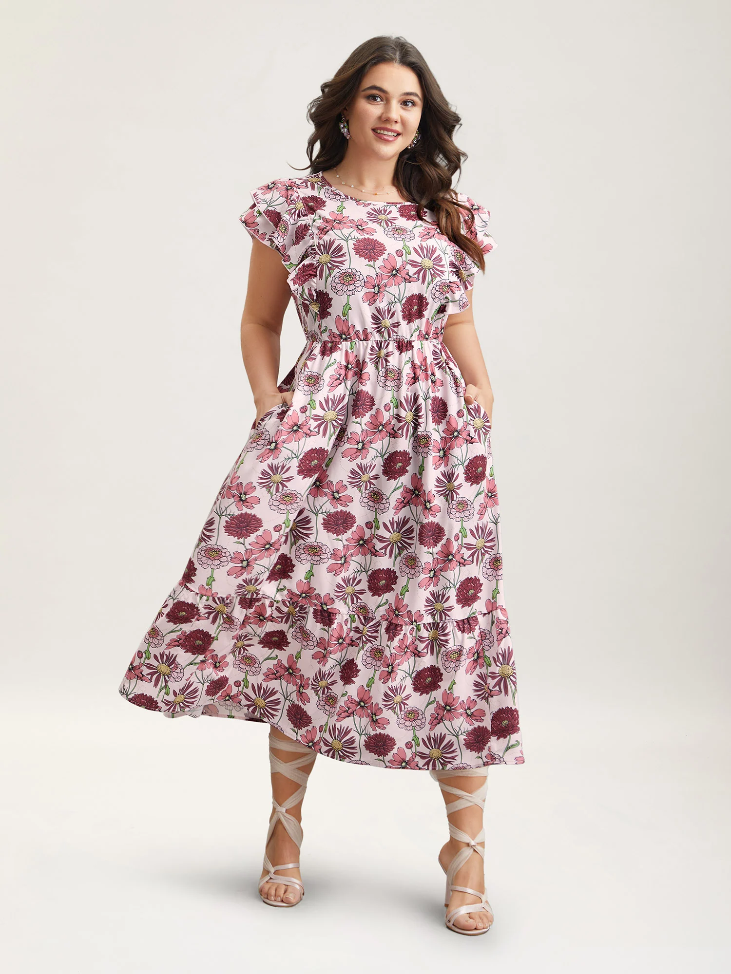 Ruffled Floral Print Stretchy-Waist Midi Dress - Image 4