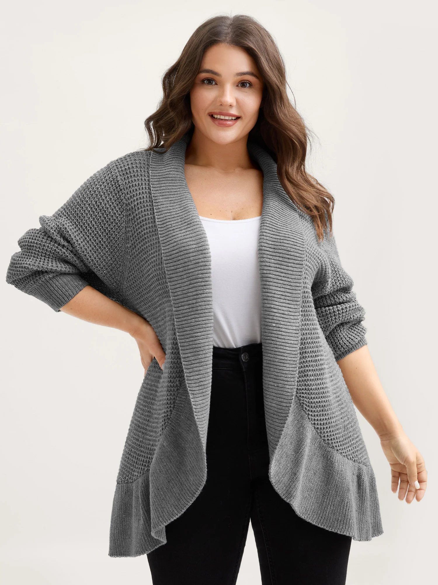 Ruffled Folded Hem Open-Front Cardigan