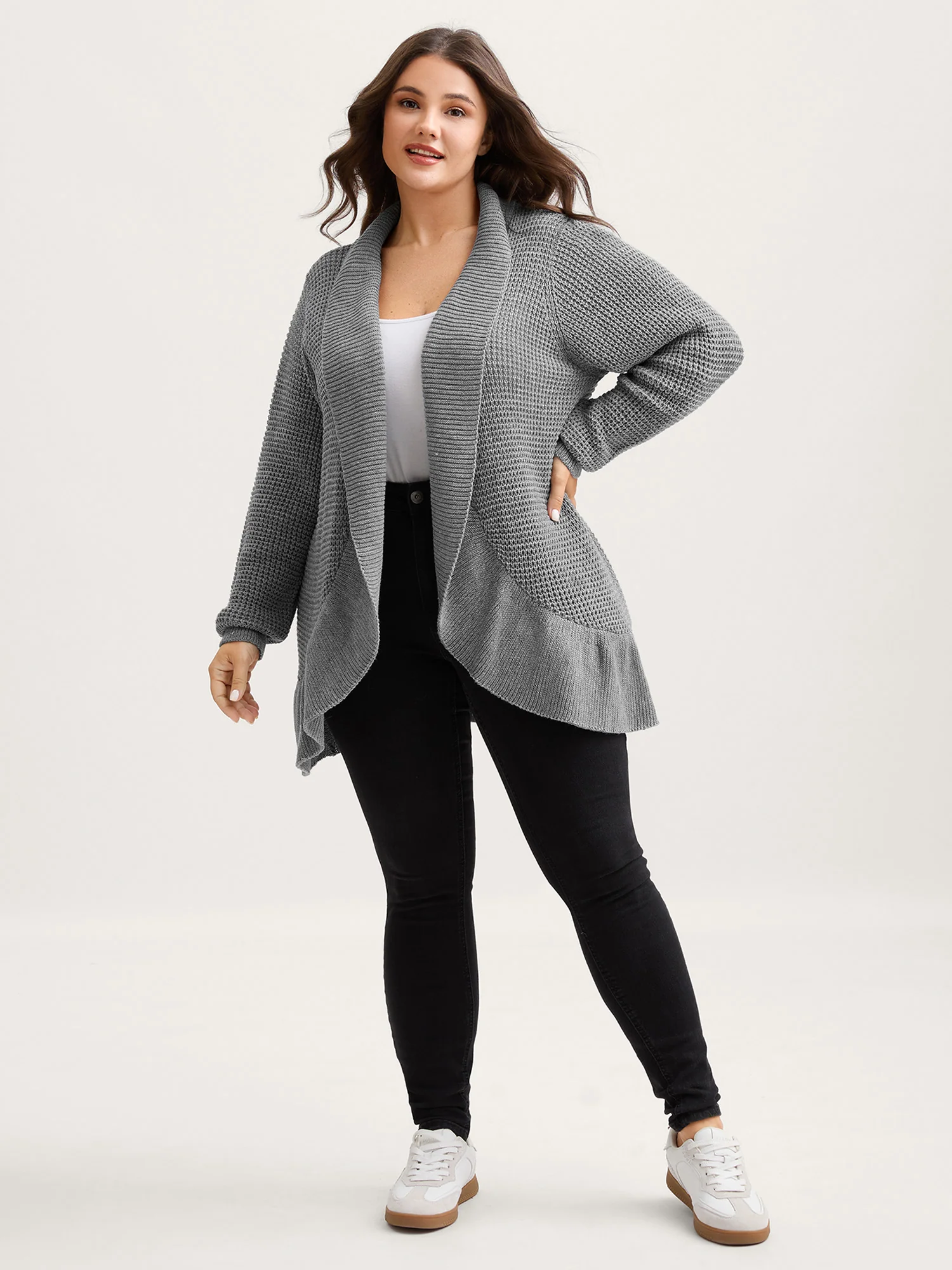 Ruffled Folded Hem Open-Front Cardigan - Image 3