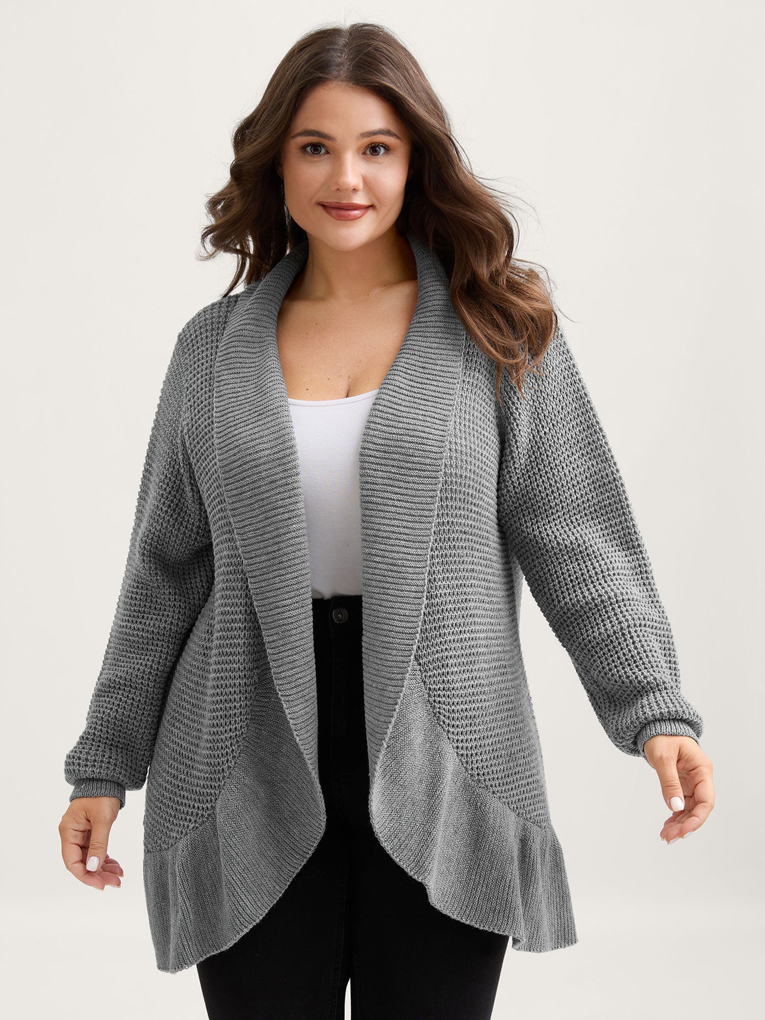 Ruffled Folded Hem Open-Front Cardigan - Image 4