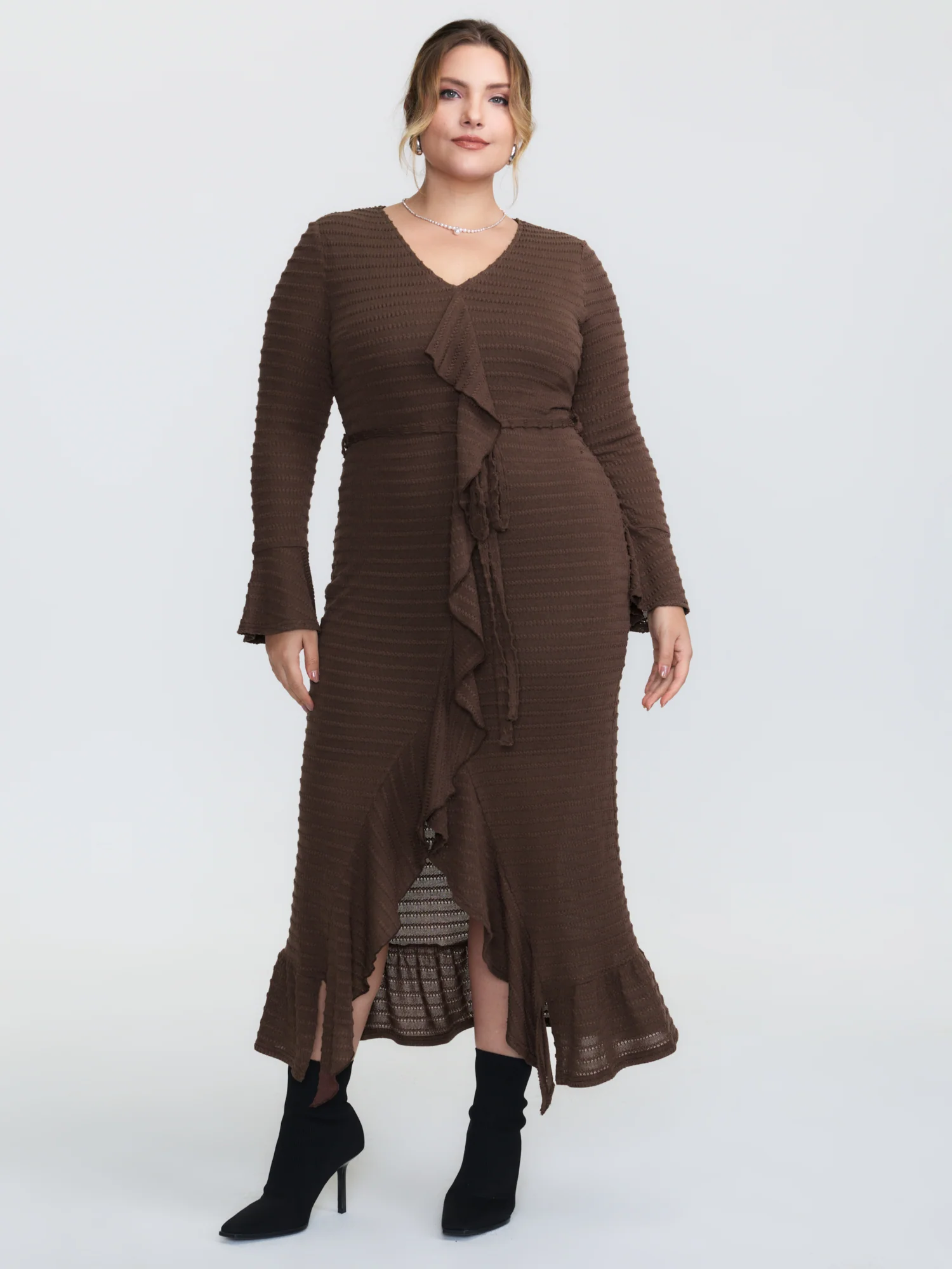 Ruffled Front Slit Ribbed Maxi Dress