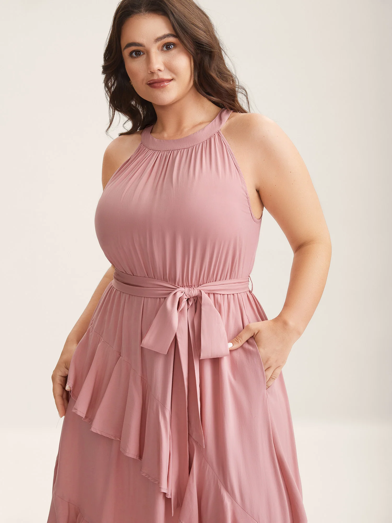 Ruffled Halter Neck Solid Midi Dress - Image 2