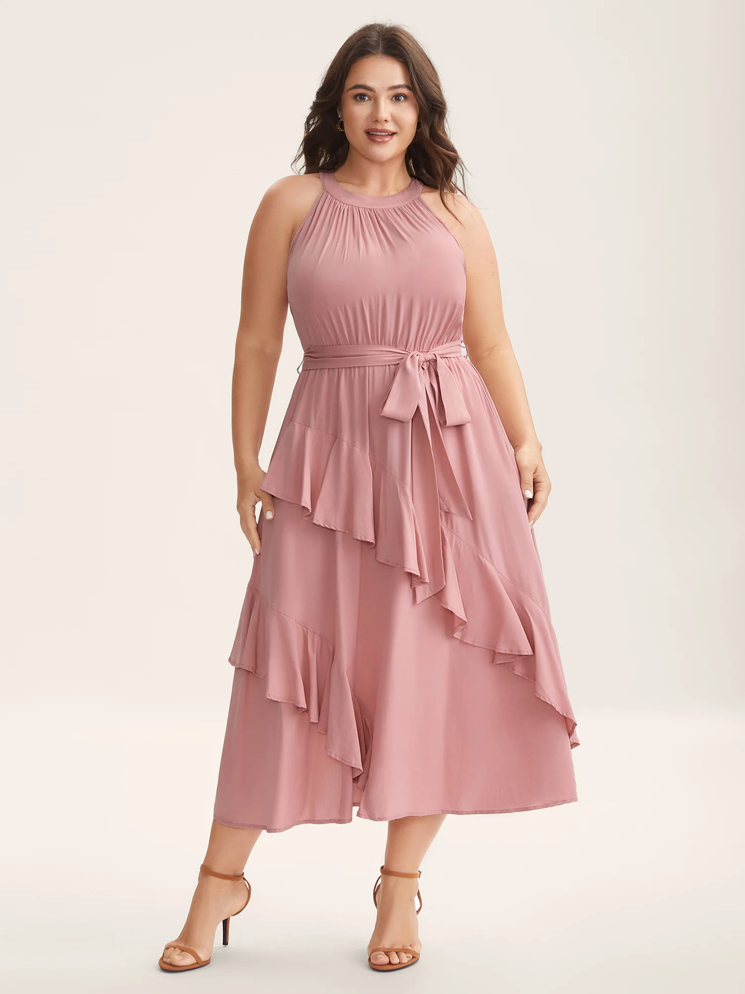 Ruffled Halter Neck Solid Midi Dress - Image 3
