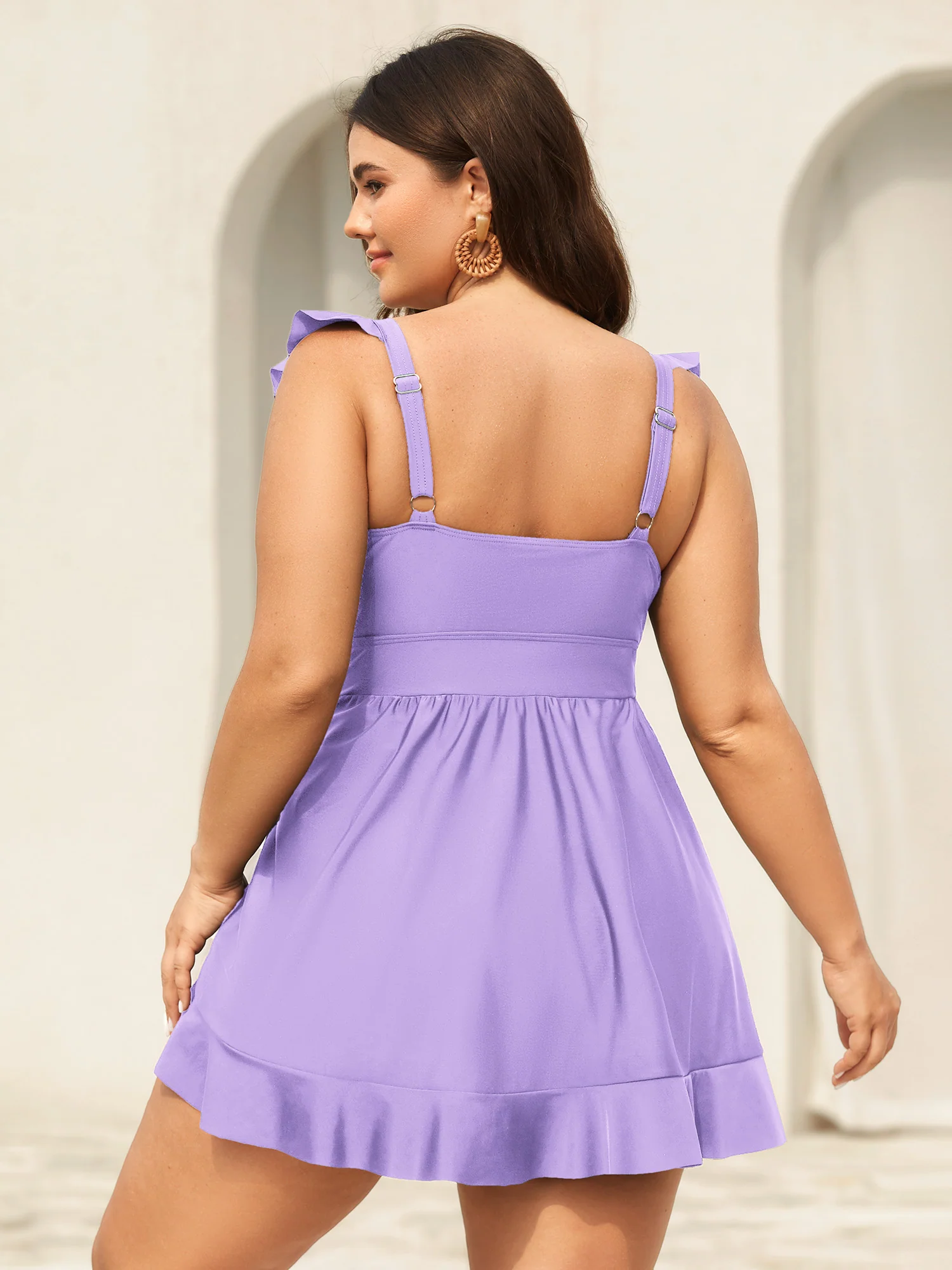 Ruffled Hem Flutter Sleeve Drawstring Swim Dress - Image 24