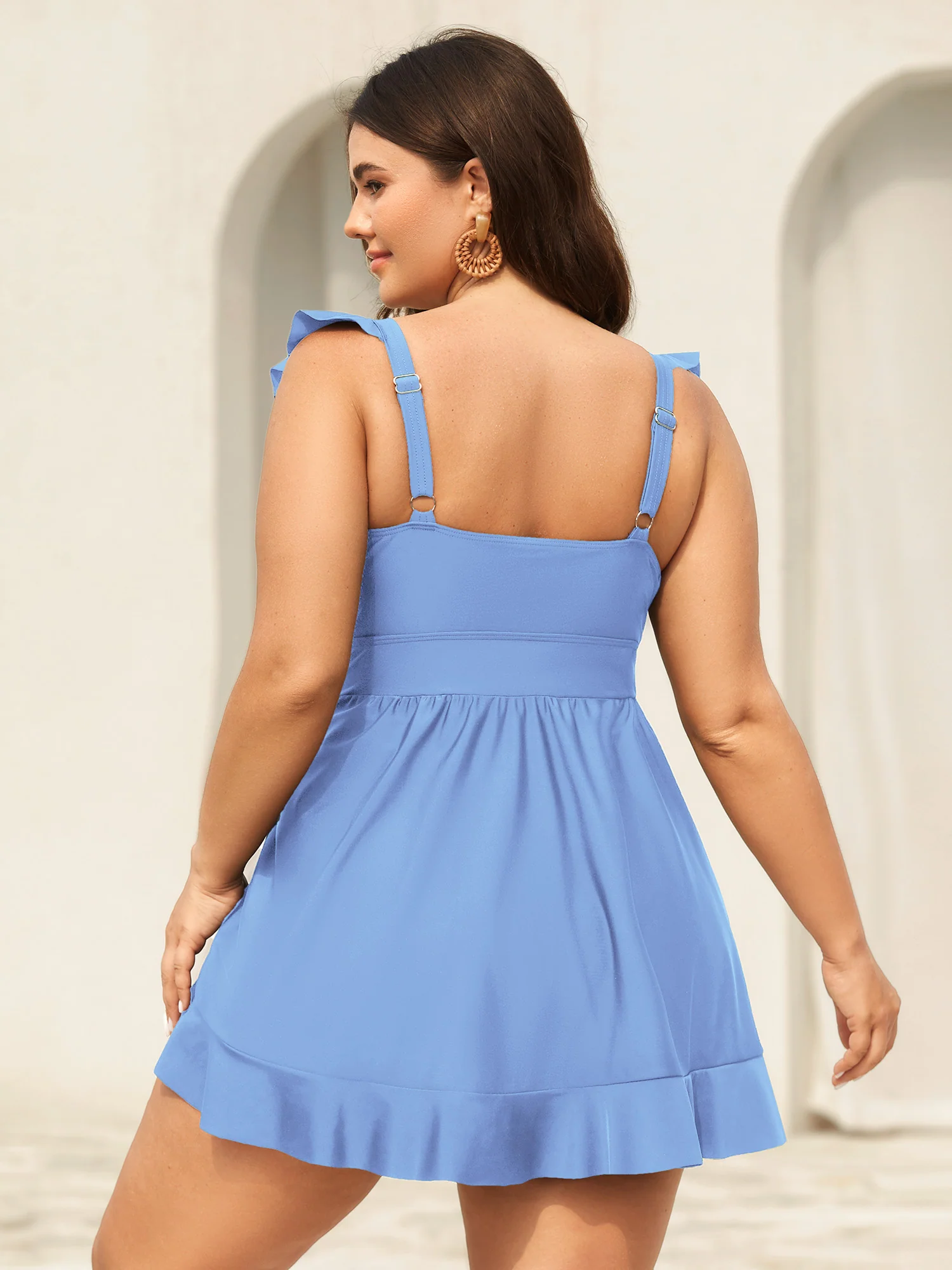 Ruffled Hem Flutter Sleeve Drawstring Swim Dress - Image 29