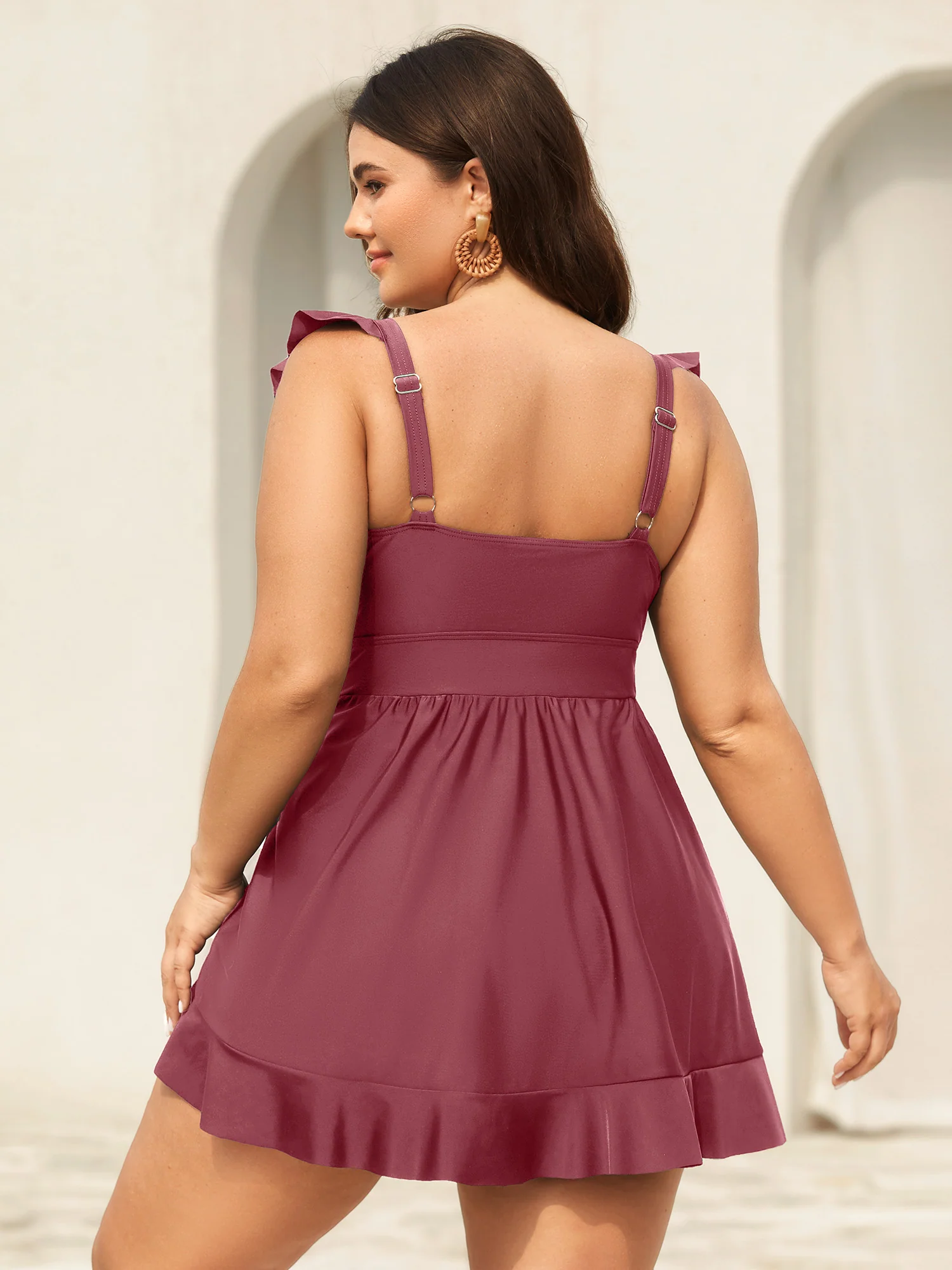 Ruffled Hem Flutter Sleeve Drawstring Swim Dress - Image 33