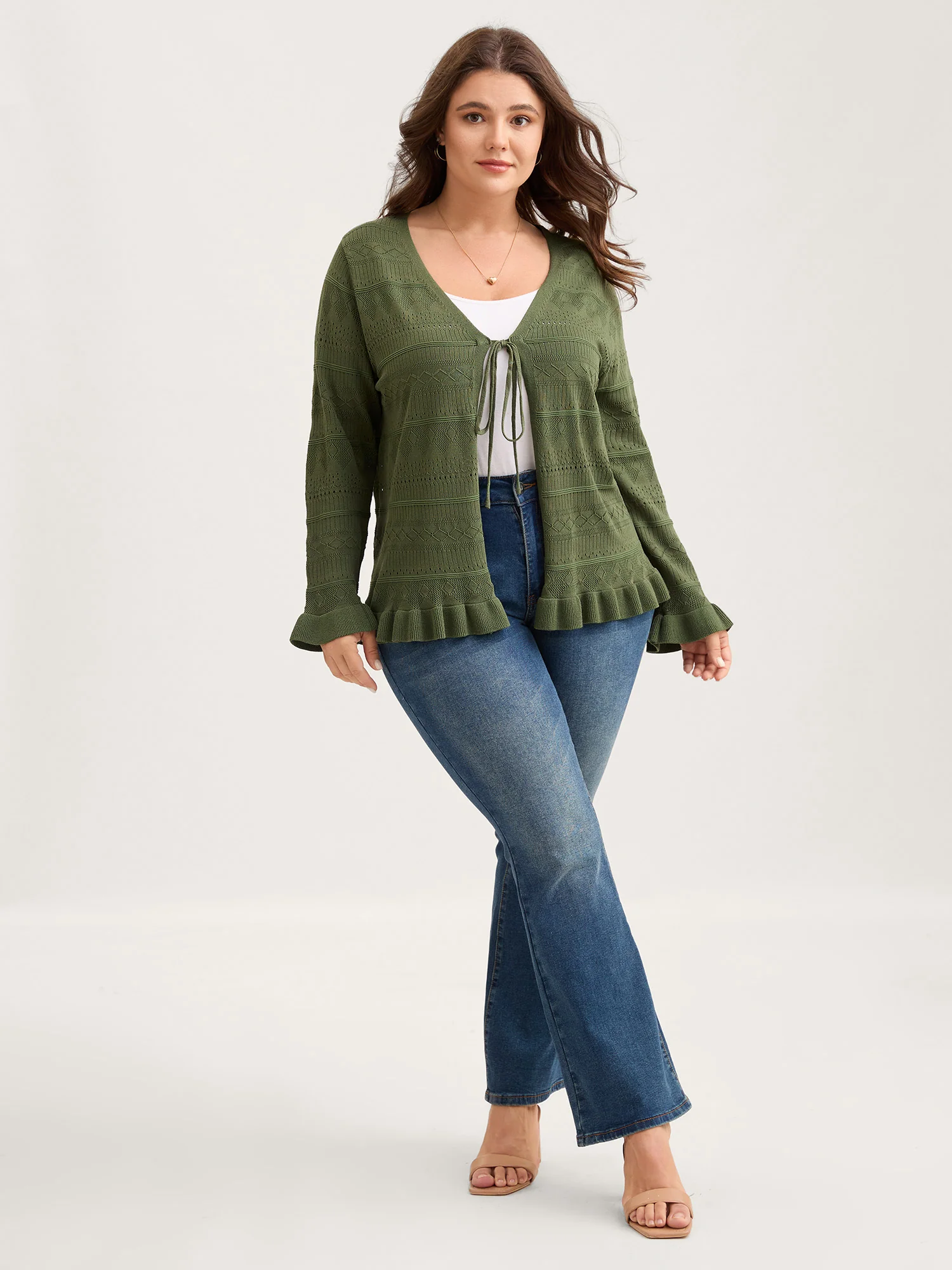 Ruffled Hem Front Tie Textured Lightweight Cardigan - Image 3
