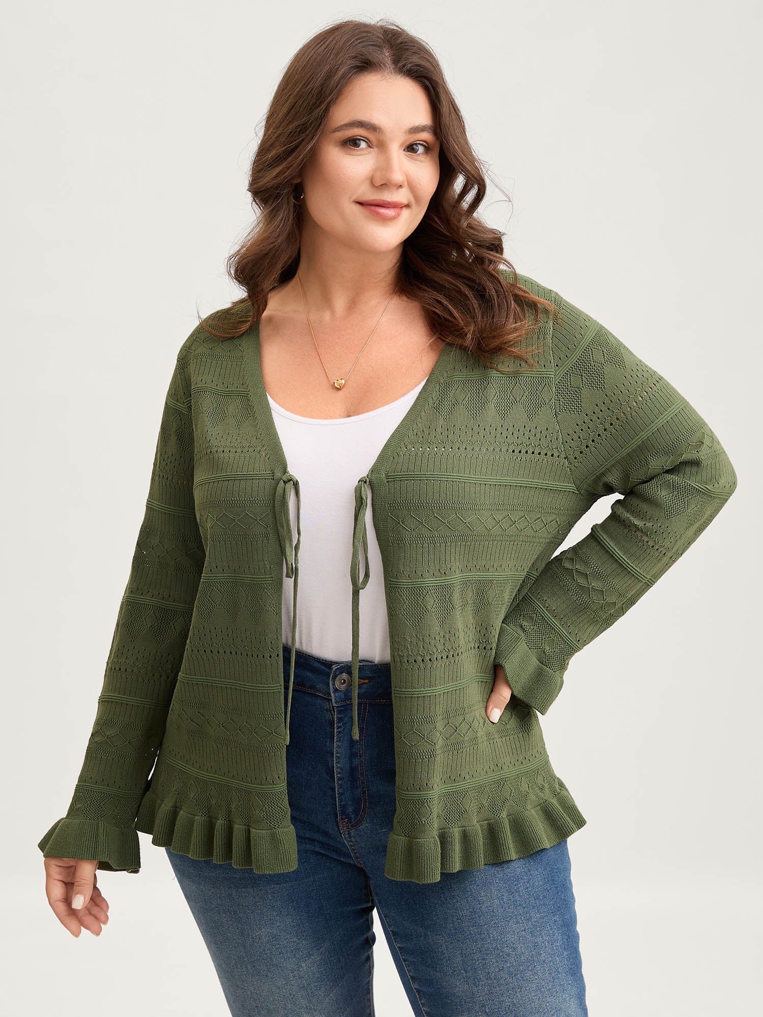 Ruffled Hem Front Tie Textured Lightweight Cardigan - Image 4