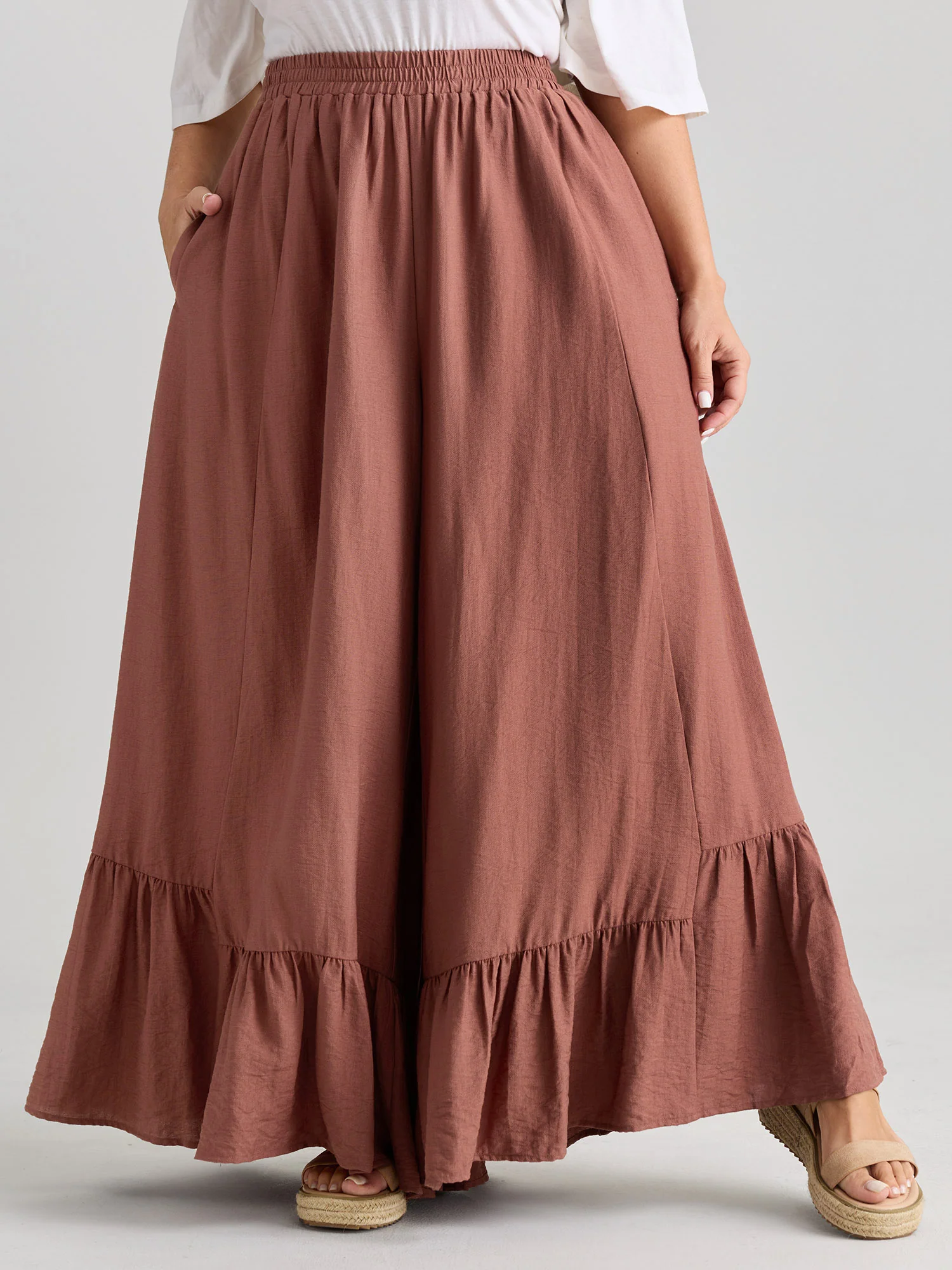 Ruffled Hem Plain Flowy Pants - Image 2