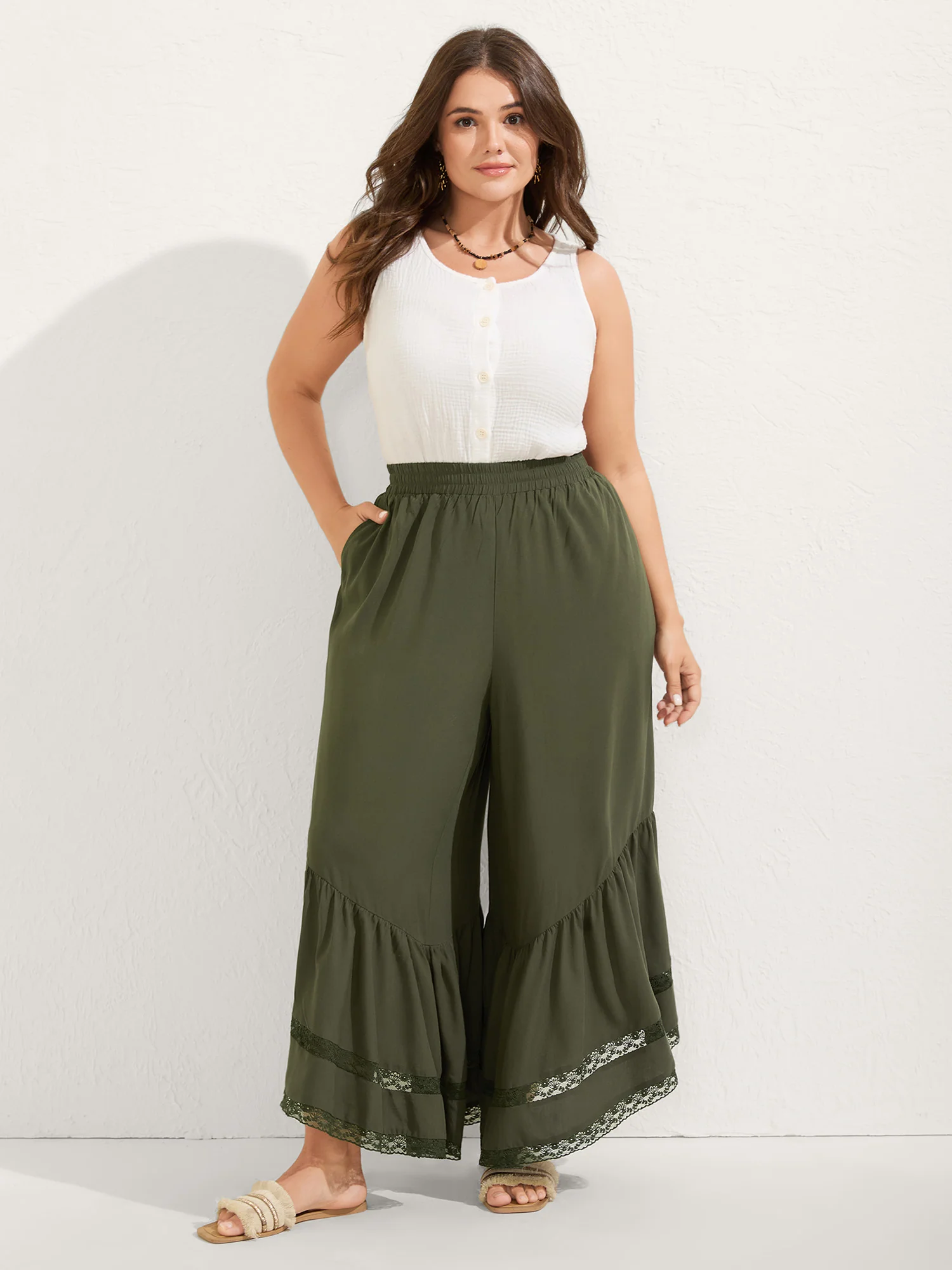 Ruffled Lace Hem Wide-Leg Pants - Image 3