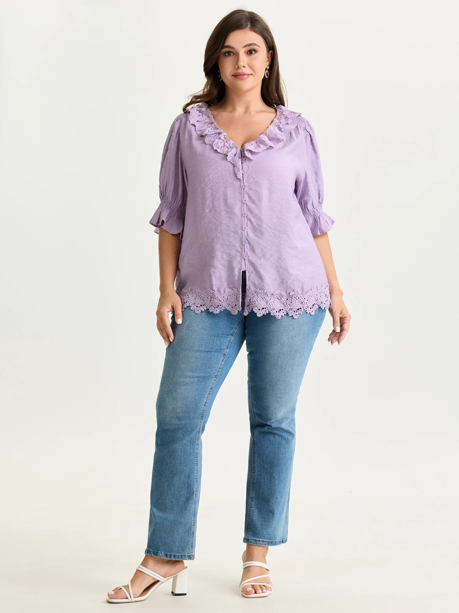 Ruffled Lace Neckline Button-Down Blouse - Image 3