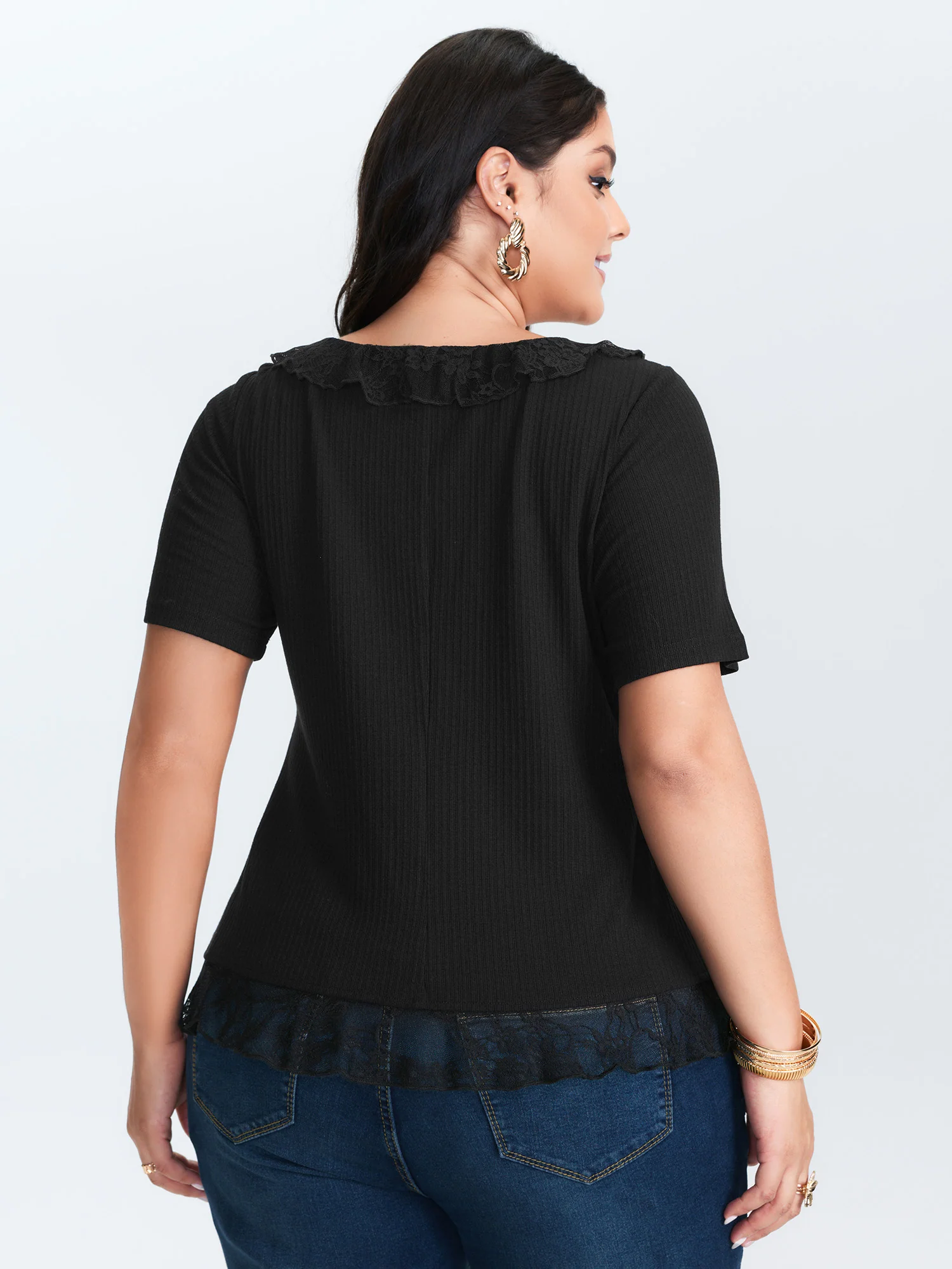 Ruffled Lace Textured Curvy Hem Jersey Top - Image 4