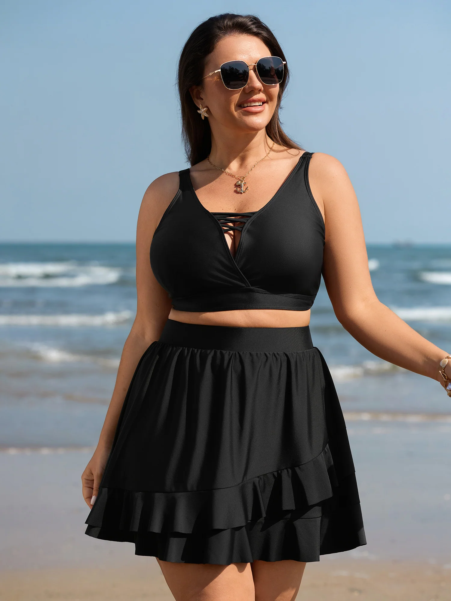 Ruffled Layered Plain Swim Skirt - Image 2