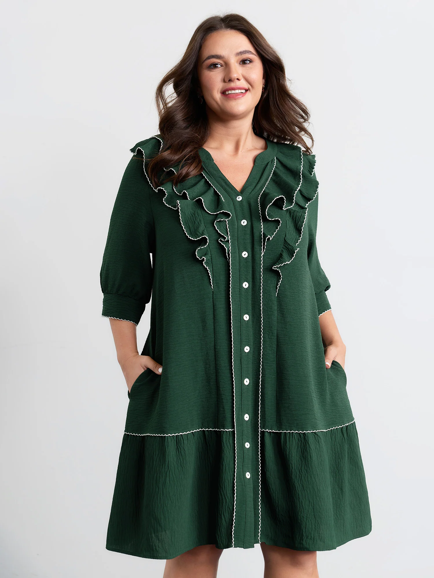 Ruffled Neck Tiered Button Knee-Length Dress - Image 3