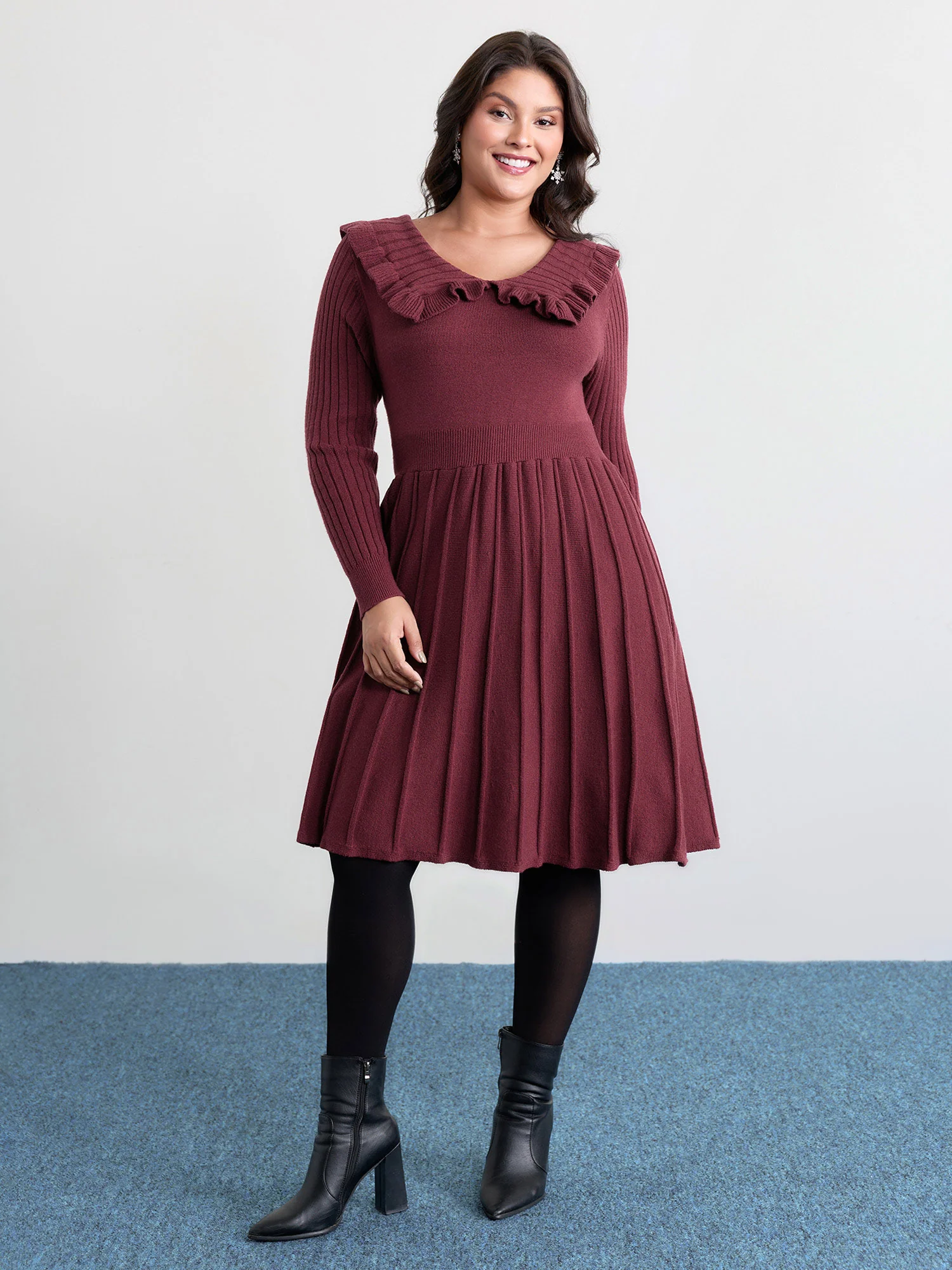 Supersoft Ruffled Neckline Cinched-Waist Sweater Dress - Image 3
