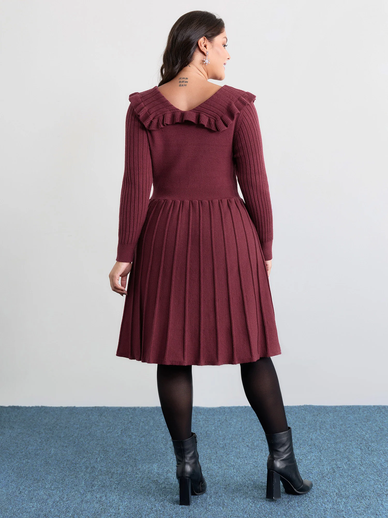 Supersoft Ruffled Neckline Cinched-Waist Sweater Dress - Image 4