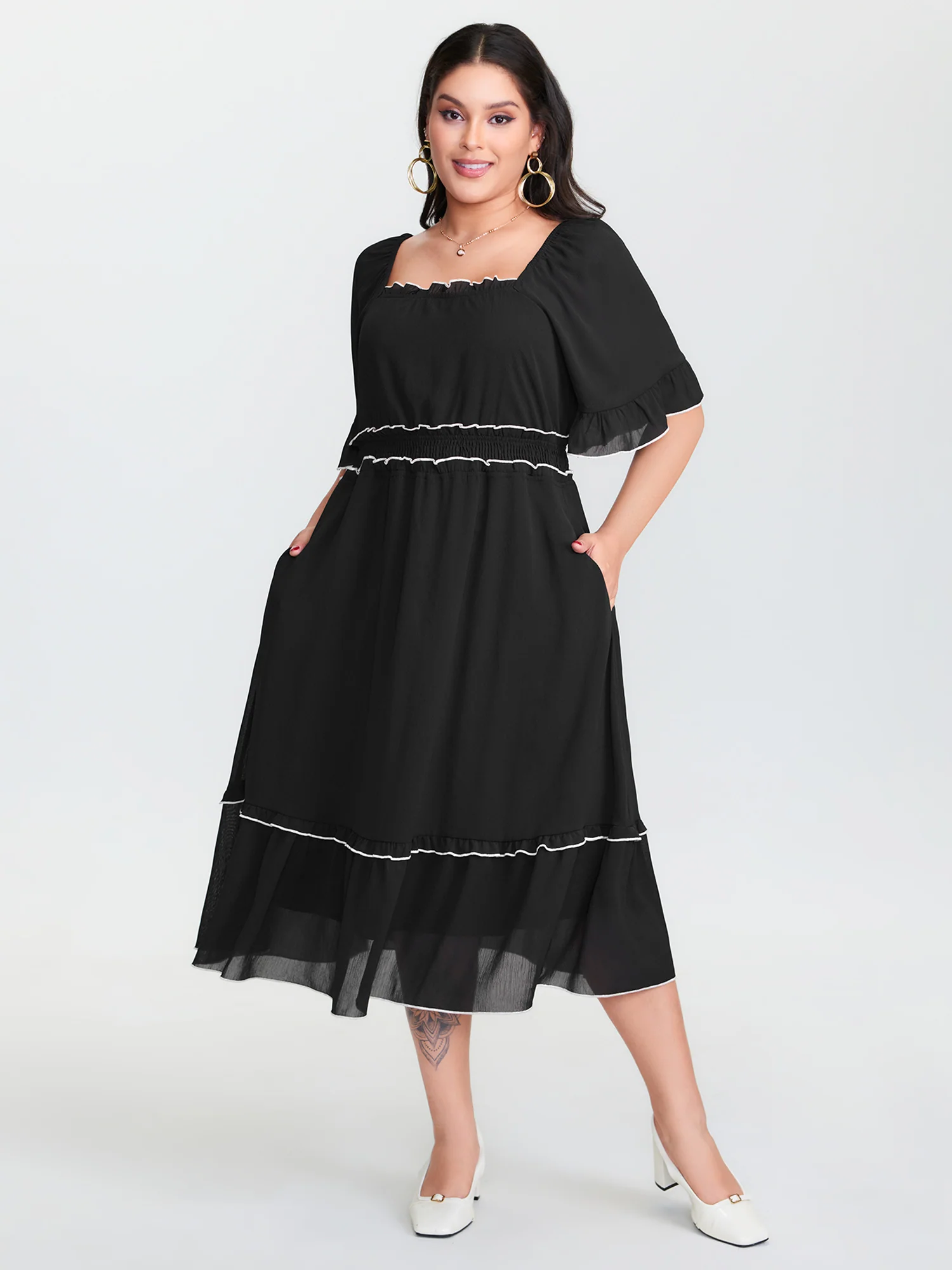 Ruffled Neckline Color Contrast Midi Dress - Image 2