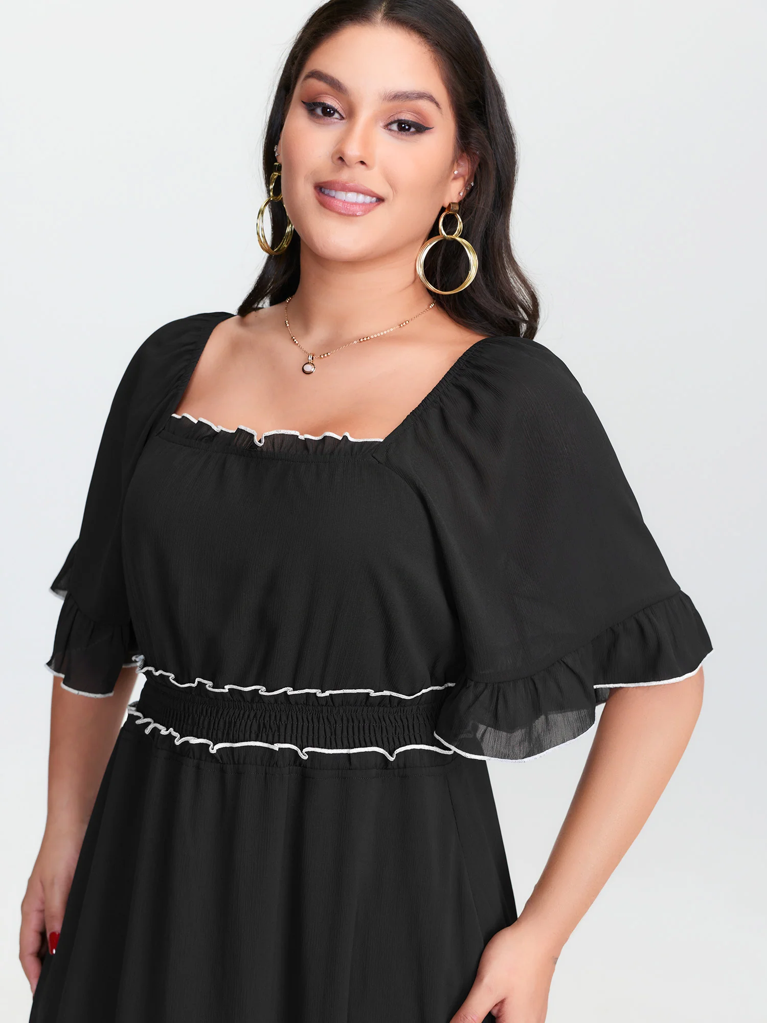 Ruffled Neckline Color Contrast Midi Dress - Image 3