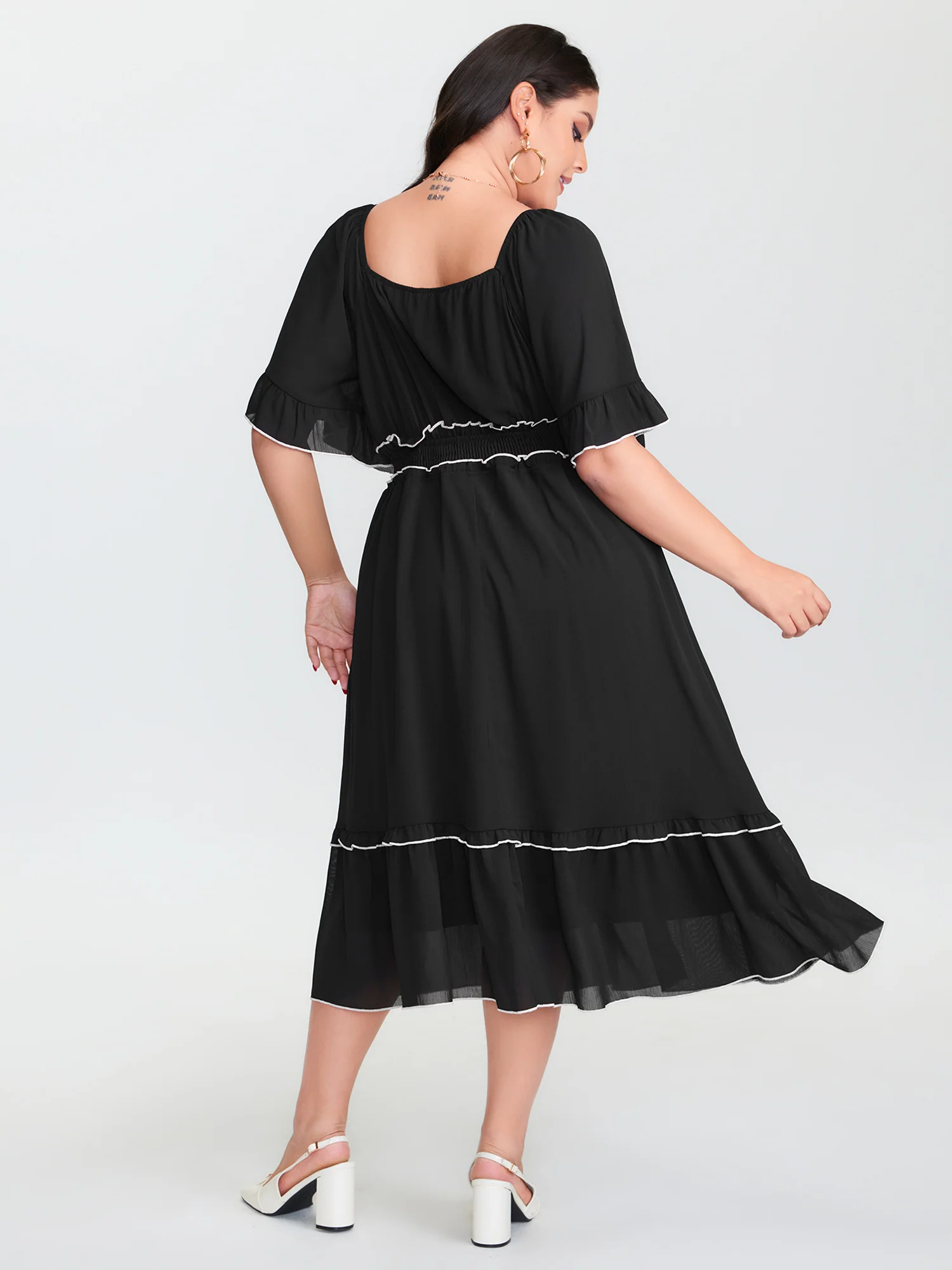 Ruffled Neckline Color Contrast Midi Dress - Image 4