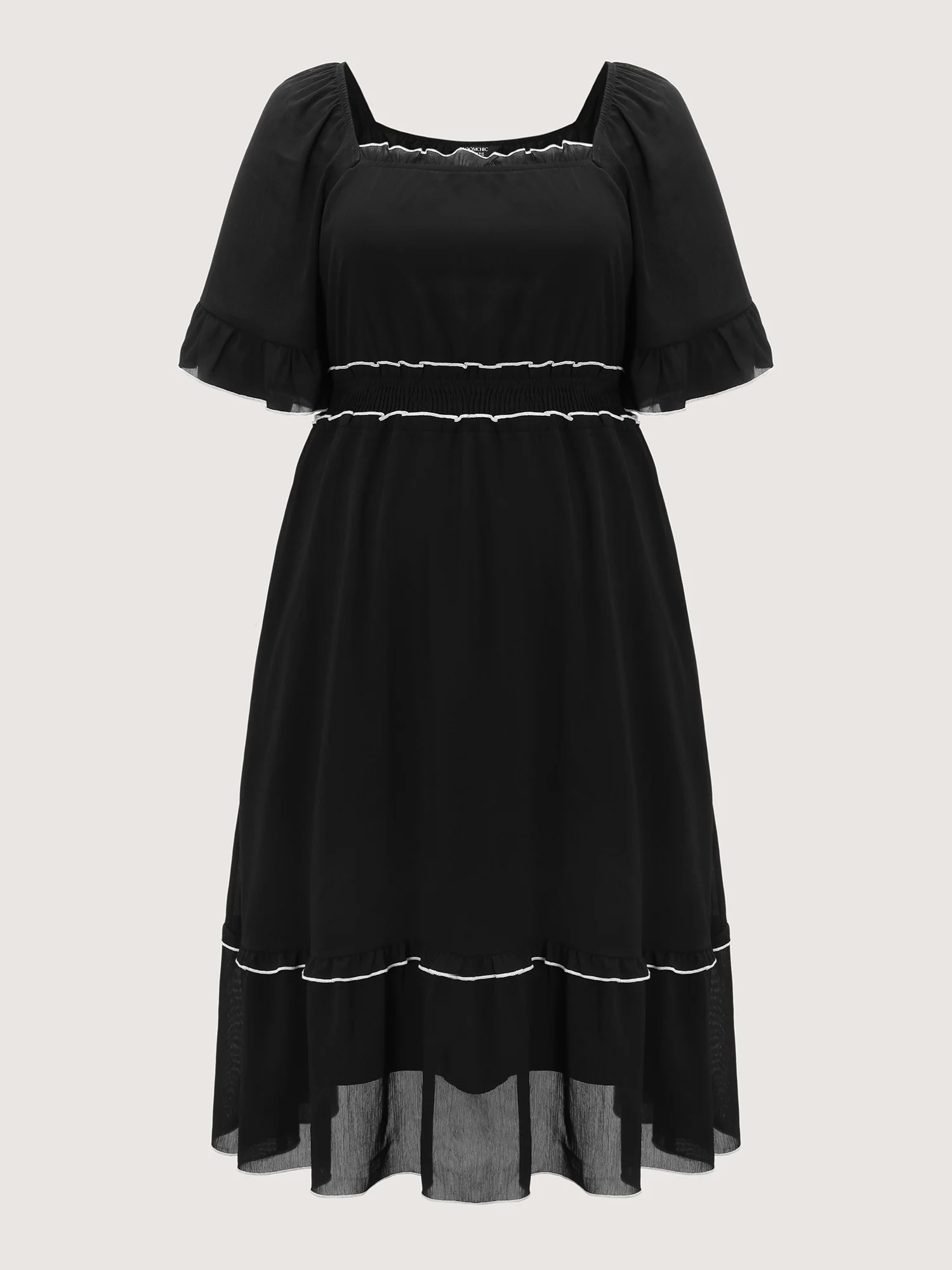 Ruffled Neckline Color Contrast Midi Dress - Image 7