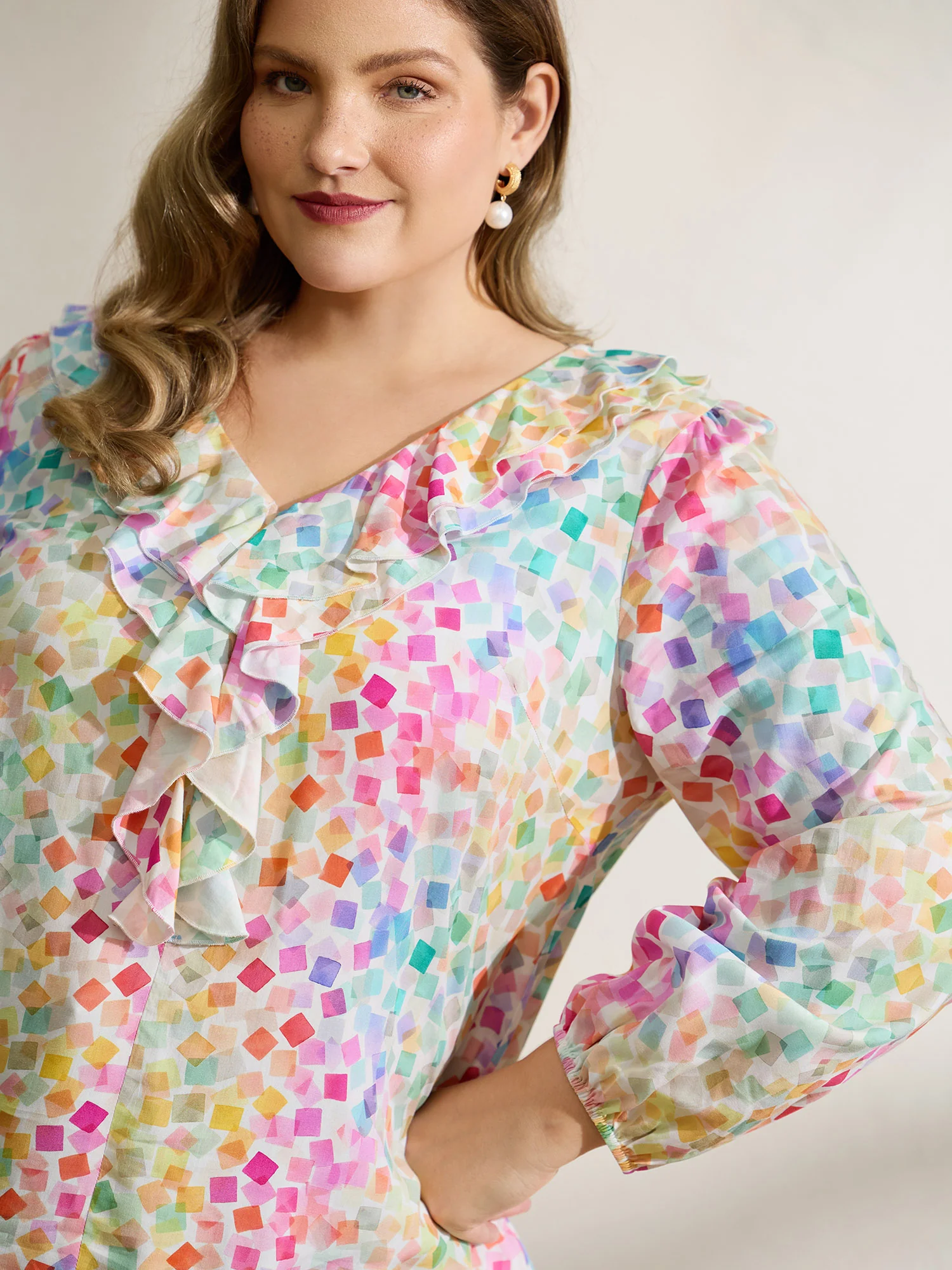 Ruffled Neckline Colorful Geometric Rayon Blouse - Image 2