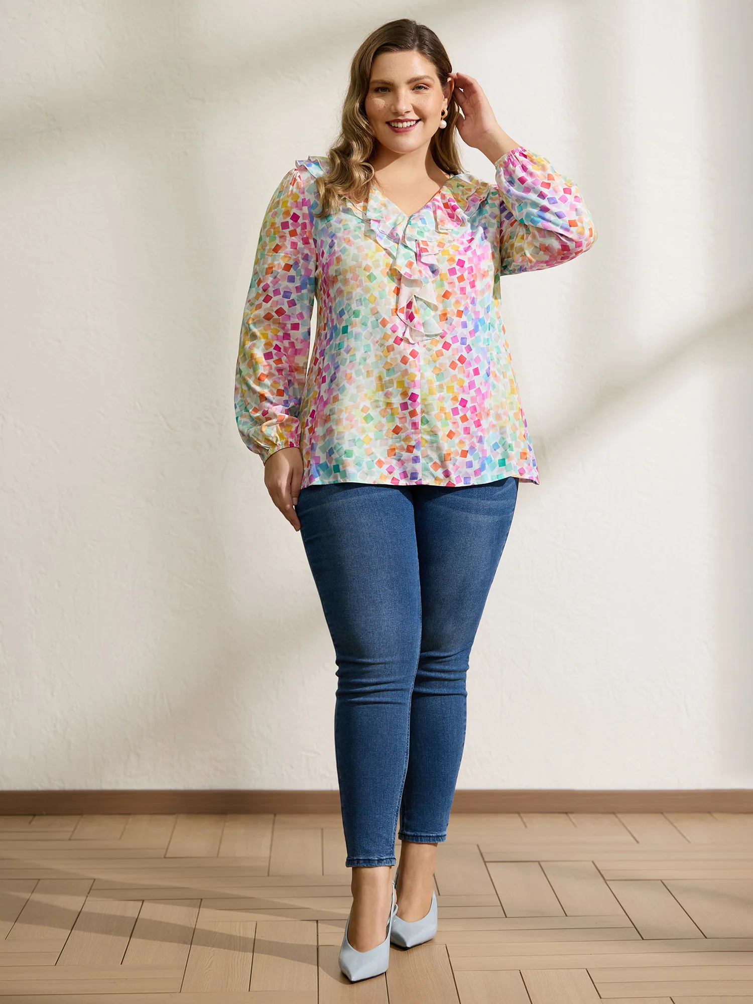 Ruffled Neckline Colorful Geometric Rayon Blouse - Image 3