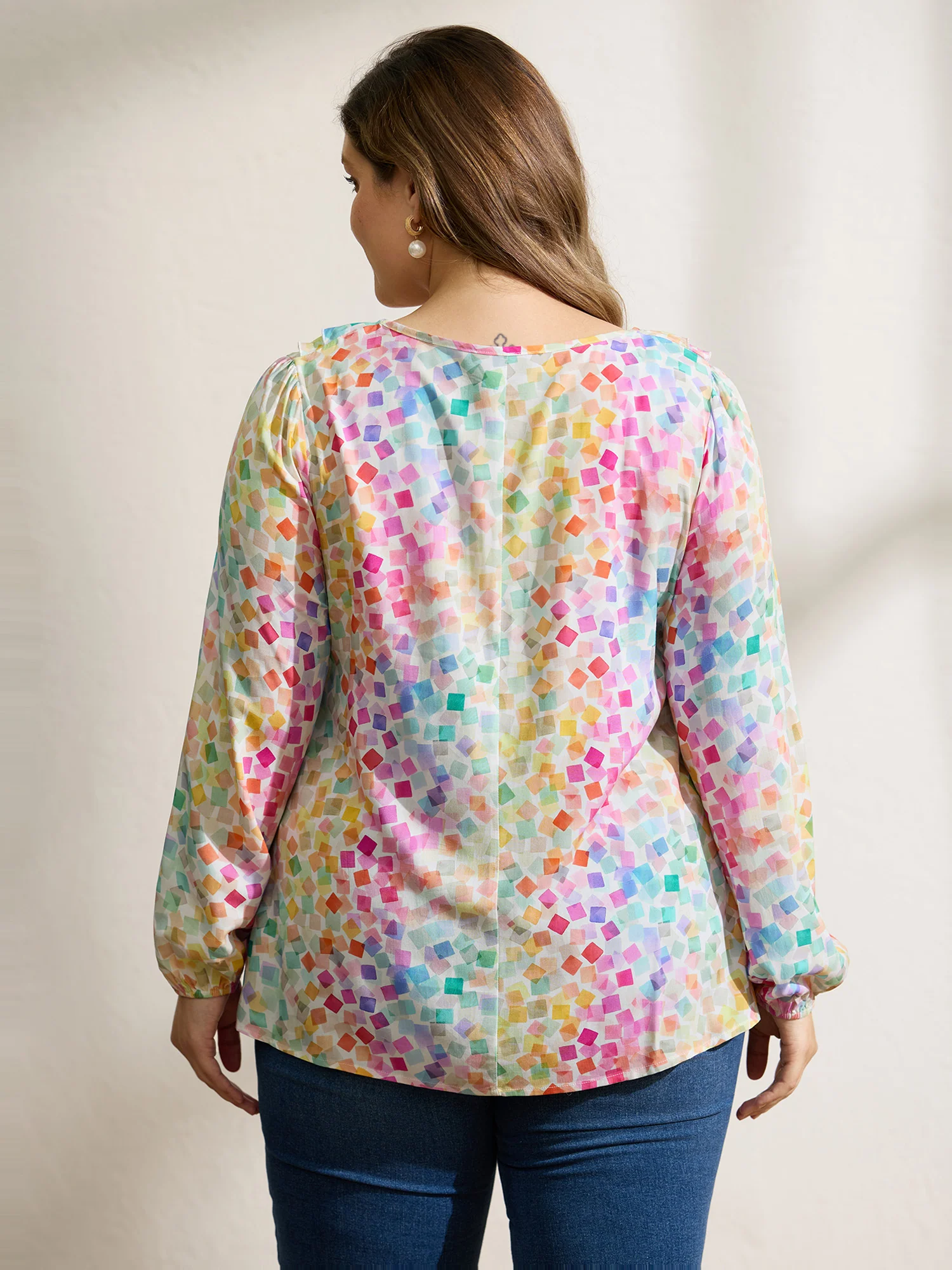Ruffled Neckline Colorful Geometric Rayon Blouse - Image 4