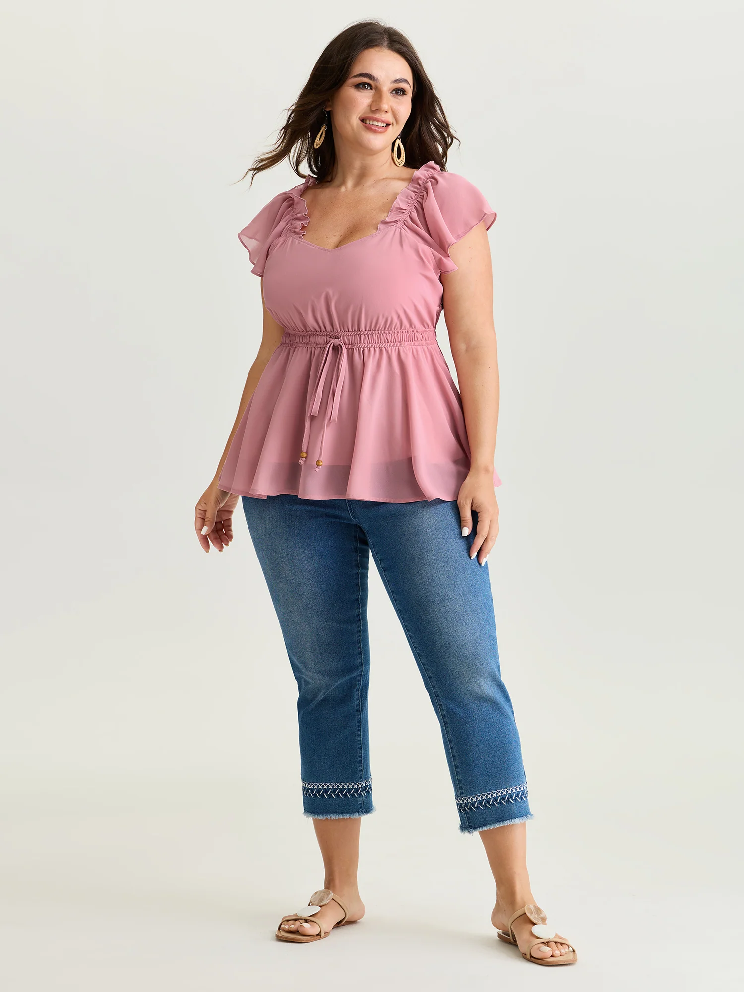 Ruffled Neckline Drawstring Shirred Waistline Blouse - Image 3