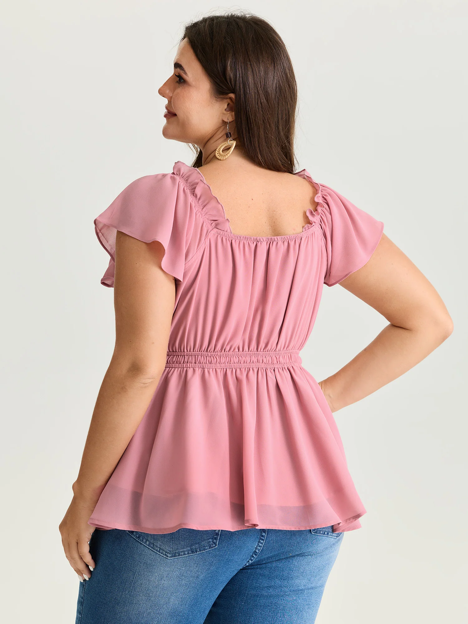 Ruffled Neckline Drawstring Shirred Waistline Blouse - Image 4