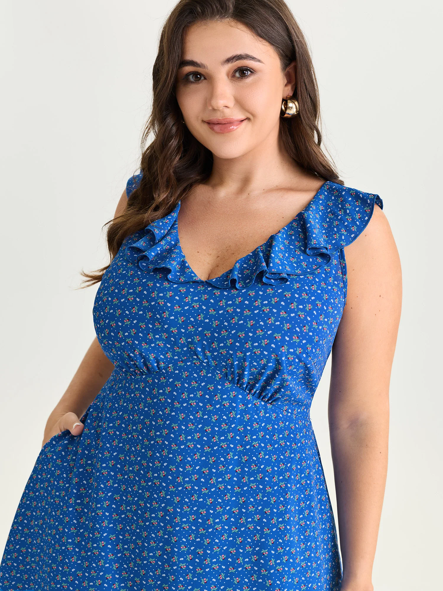 Ruffled Neckline Micro Floral Print Midi Dress - Image 3