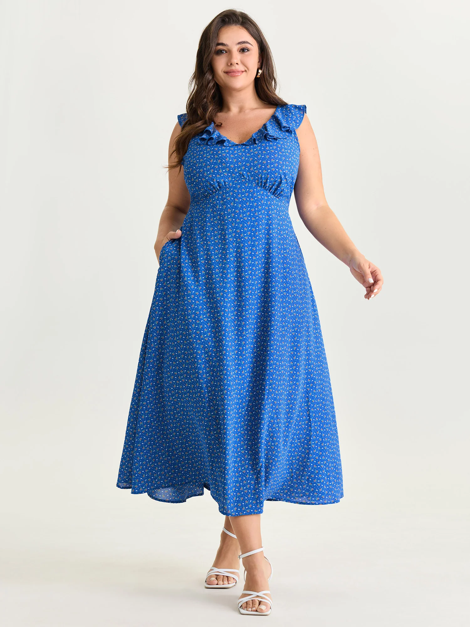 Ruffled Neckline Micro Floral Print Midi Dress - Image 4