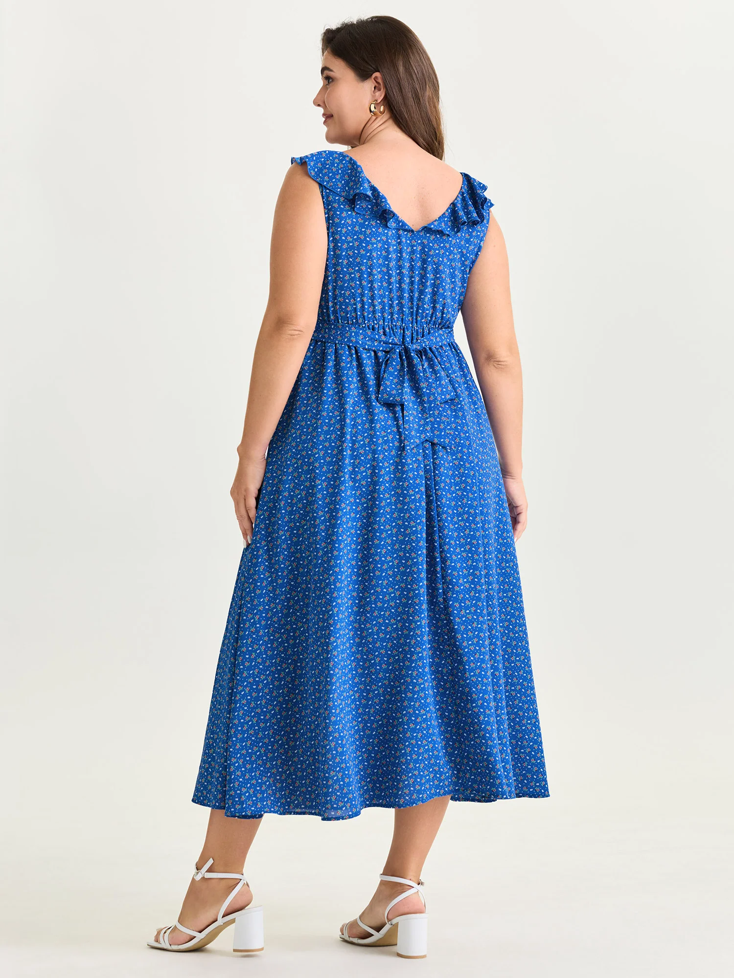 Ruffled Neckline Micro Floral Print Midi Dress - Image 5