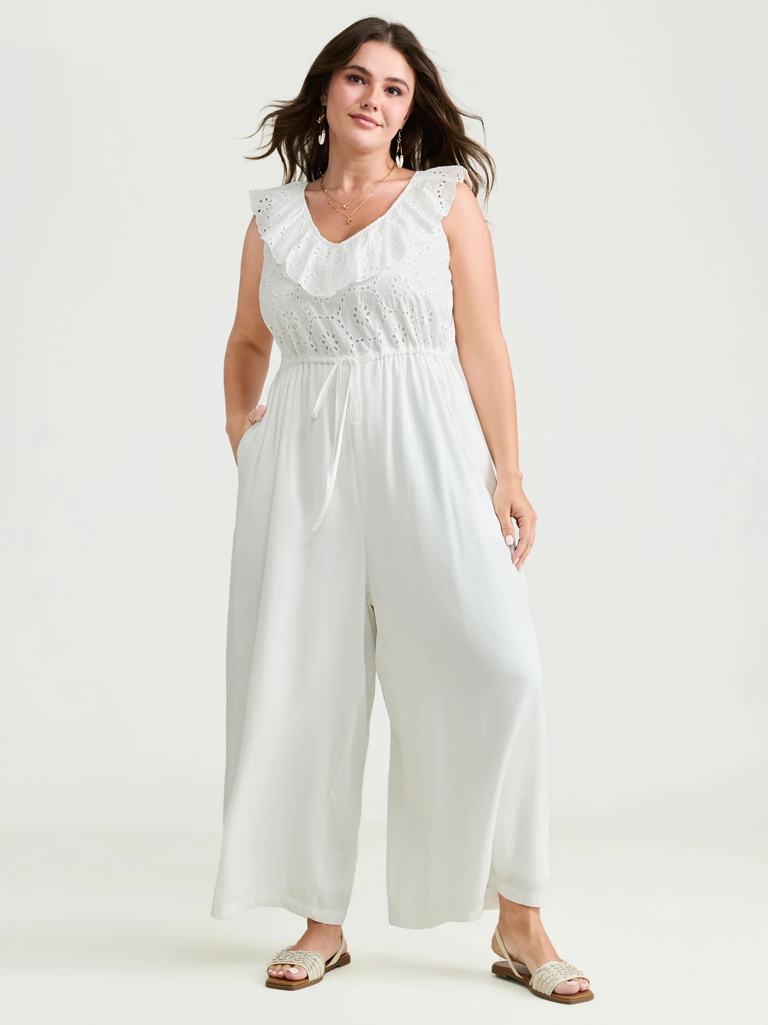 Ruffled Neckline Open Back-Tie Jumpsuit