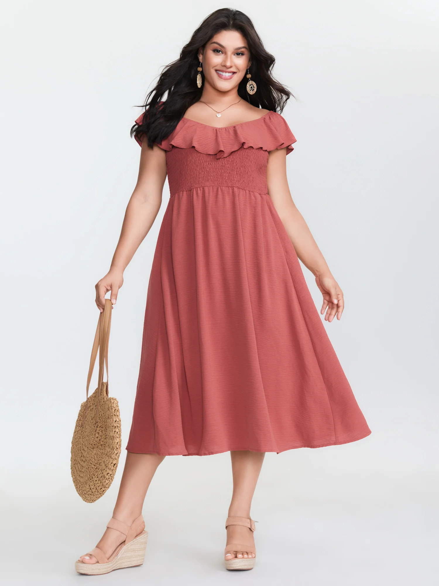 Ruffled Neckline Shirred Flowy Midi Dress - Image 2