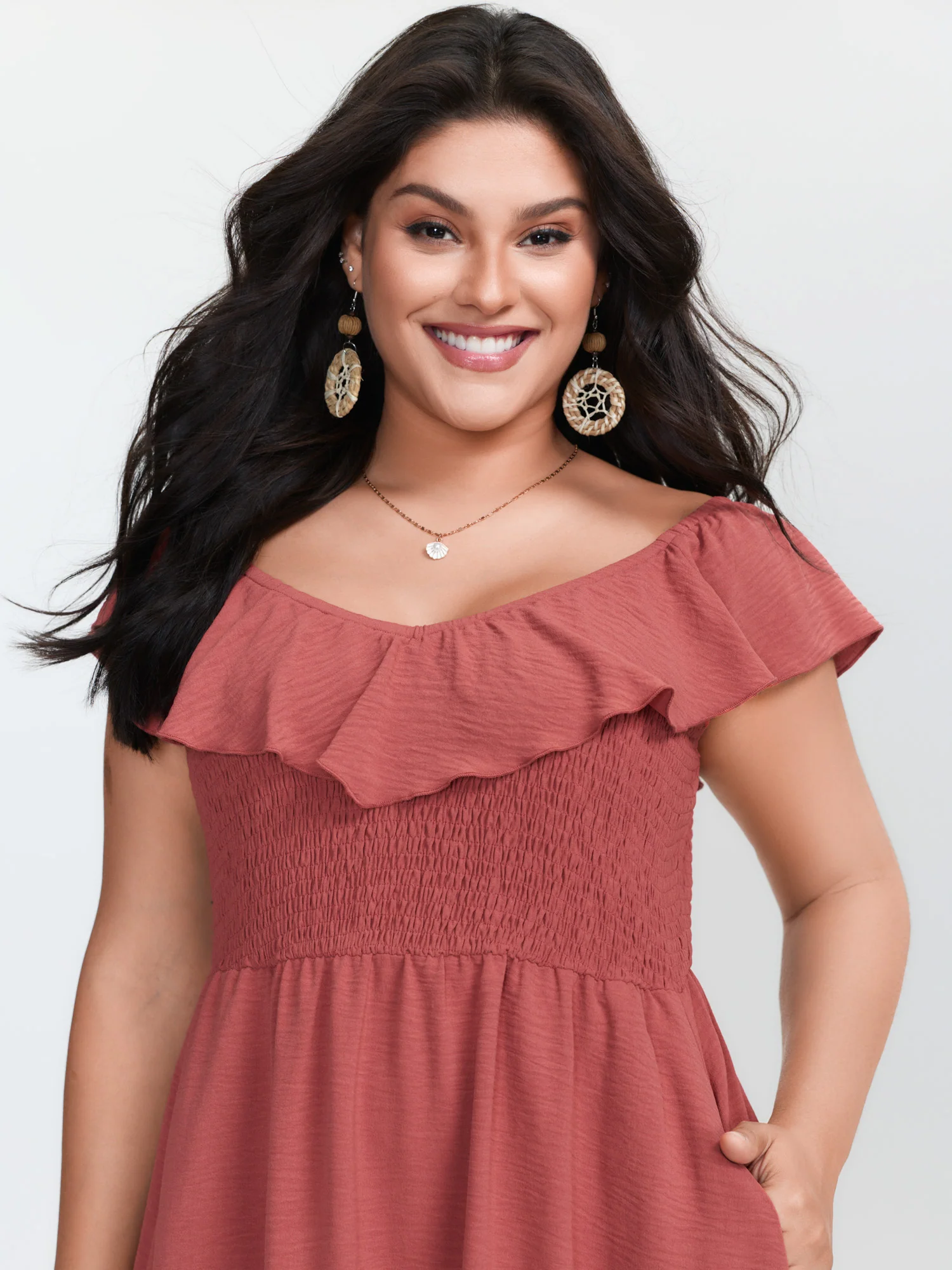 Ruffled Neckline Shirred Flowy Midi Dress - Image 3