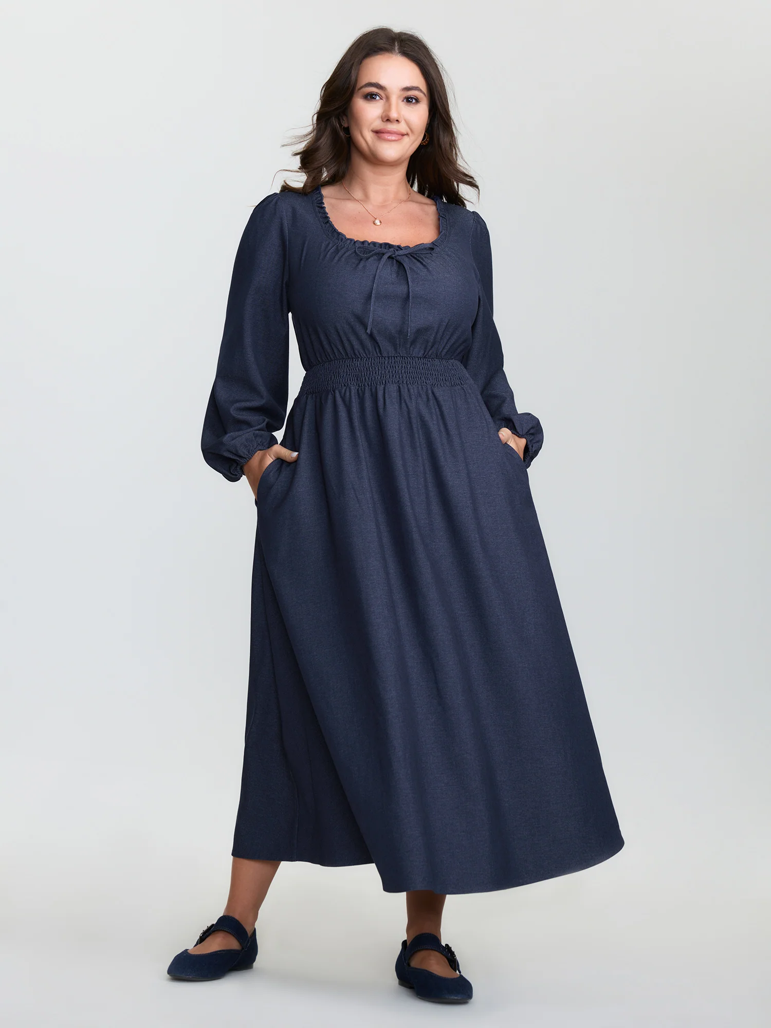 Ruffled Neckline Shirred Waist Pocket Maxi Dress - Image 3