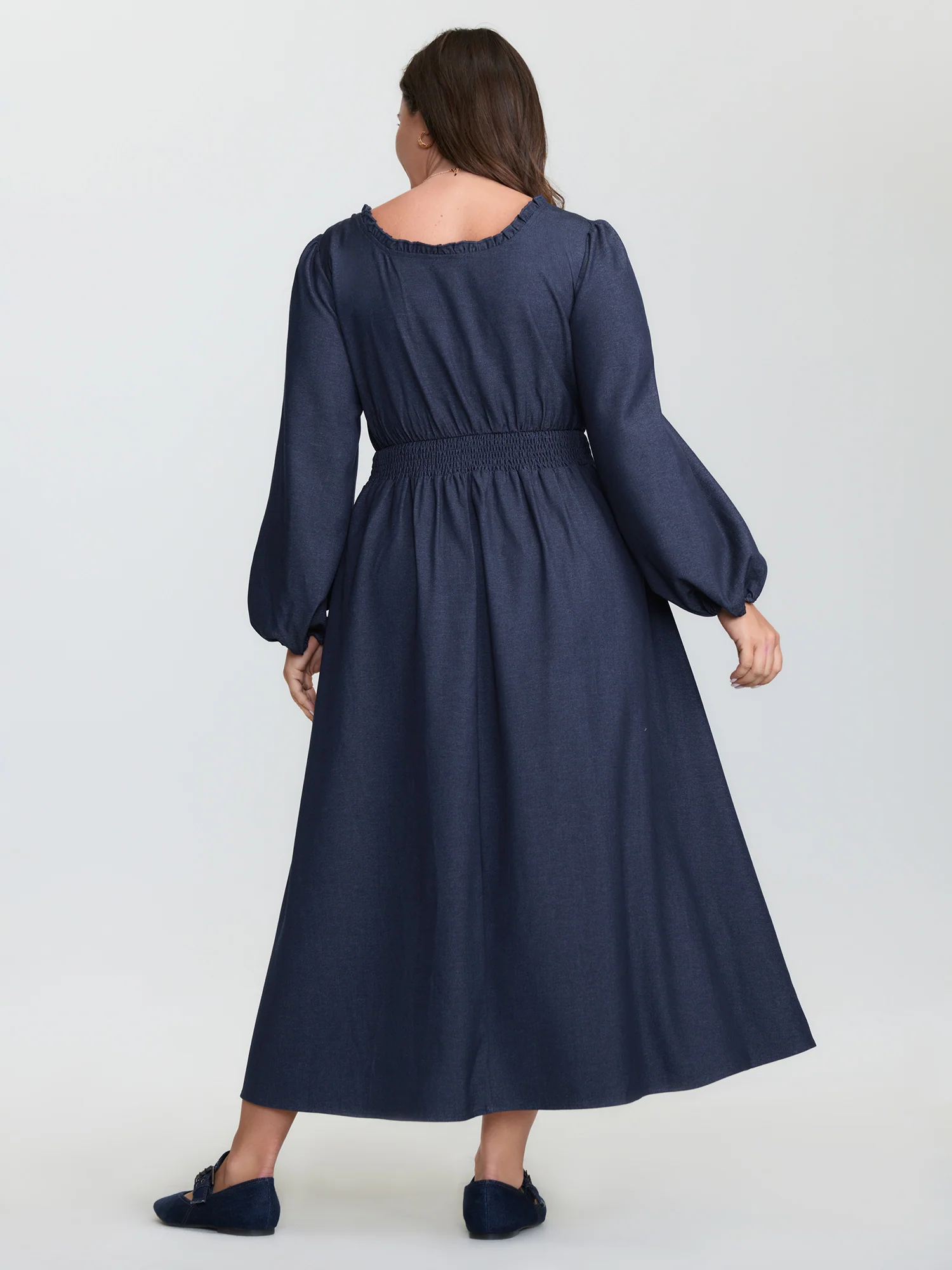 Ruffled Neckline Shirred Waist Pocket Maxi Dress - Image 5