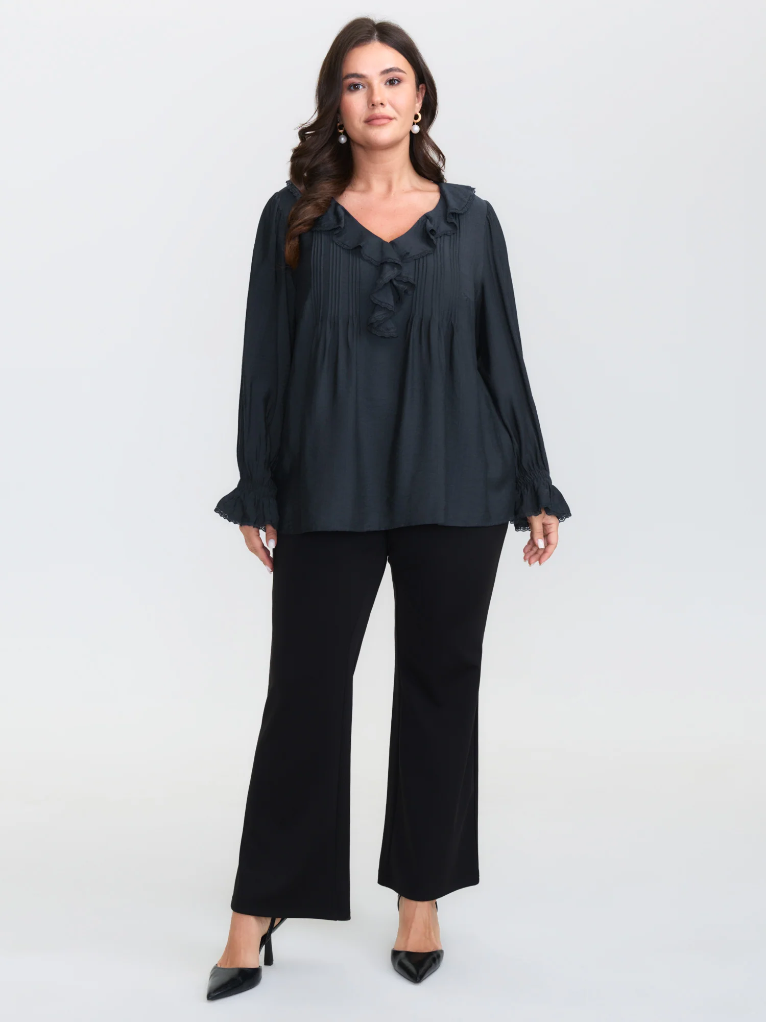 Ruffled Neckline Stretchy Cuffs Blouse - Image 3