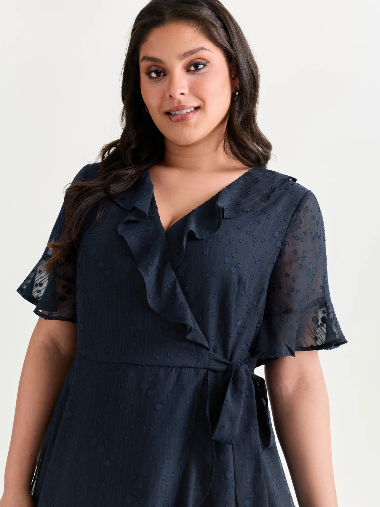 Ruffled Neckline Wrap Sheer Hem Midi Dress - Image 2