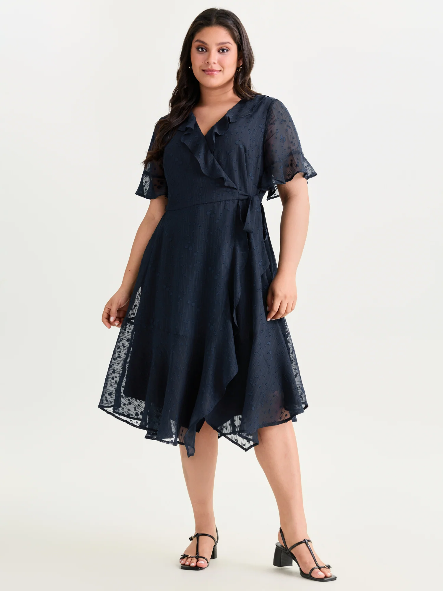 Ruffled Neckline Wrap Sheer Hem Midi Dress - Image 3