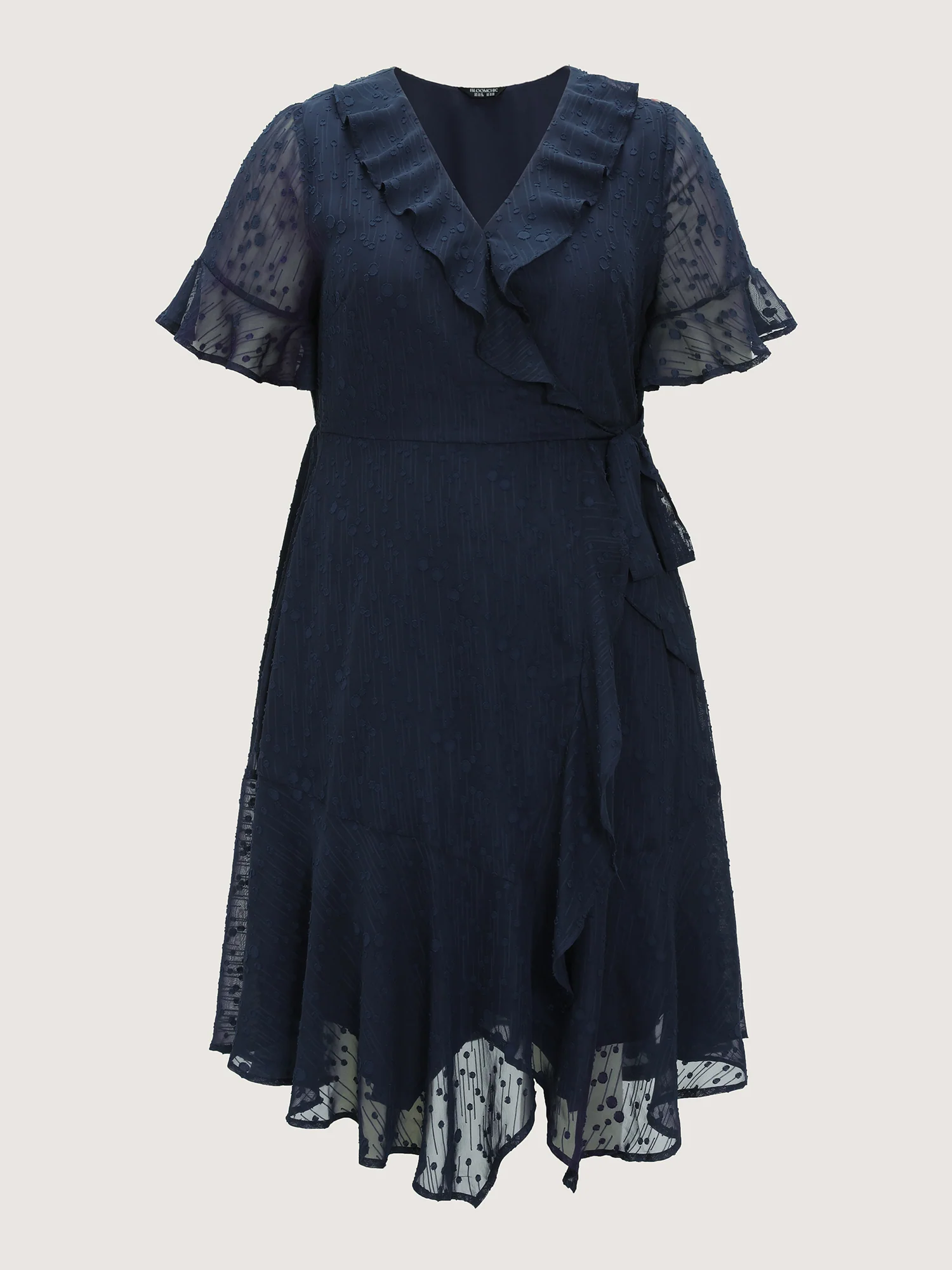 Ruffled Neckline Wrap Sheer Hem Midi Dress - Image 8