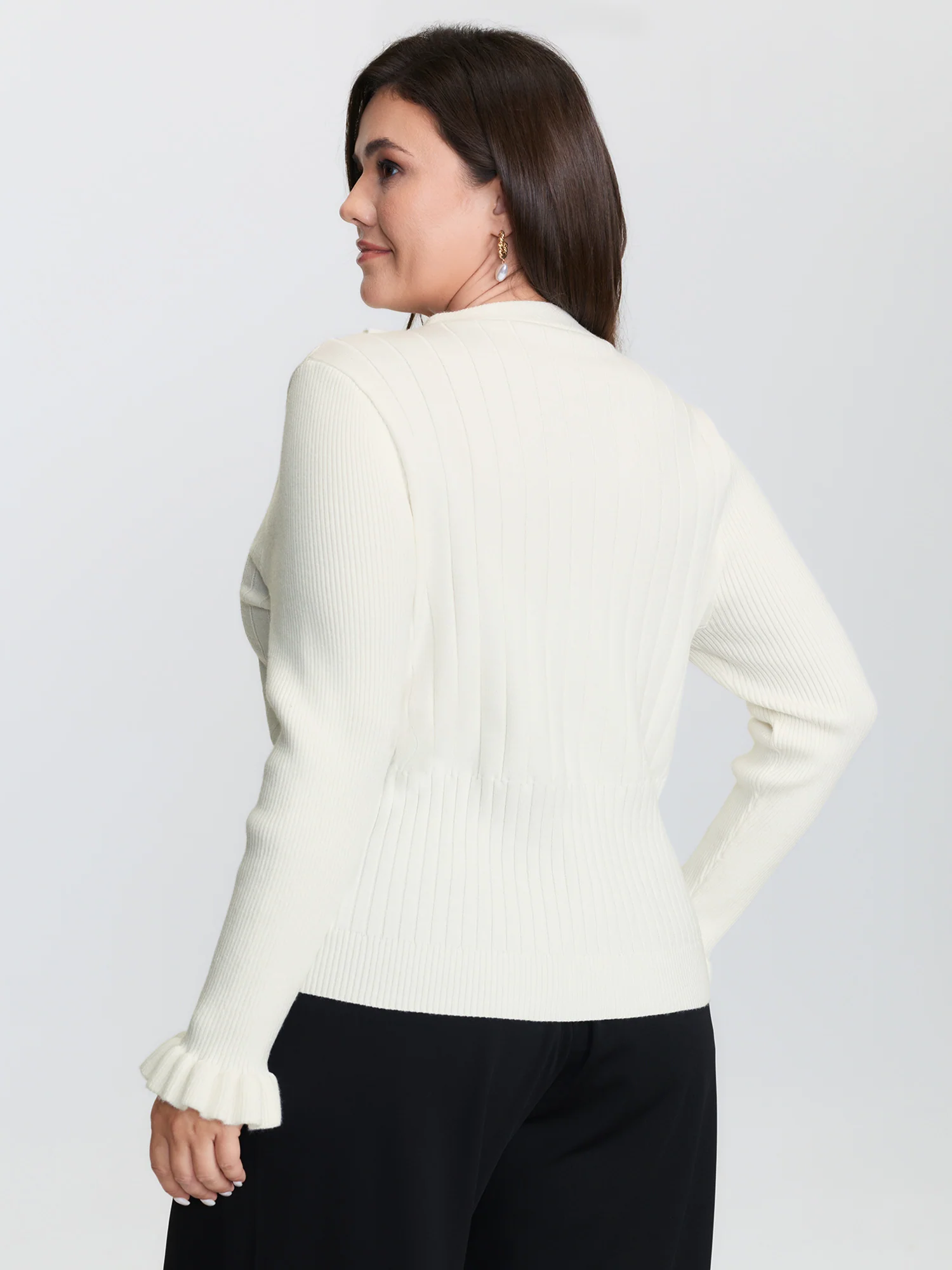 Ruffled Placket Striped Texture Knit Cardigan - Image 4