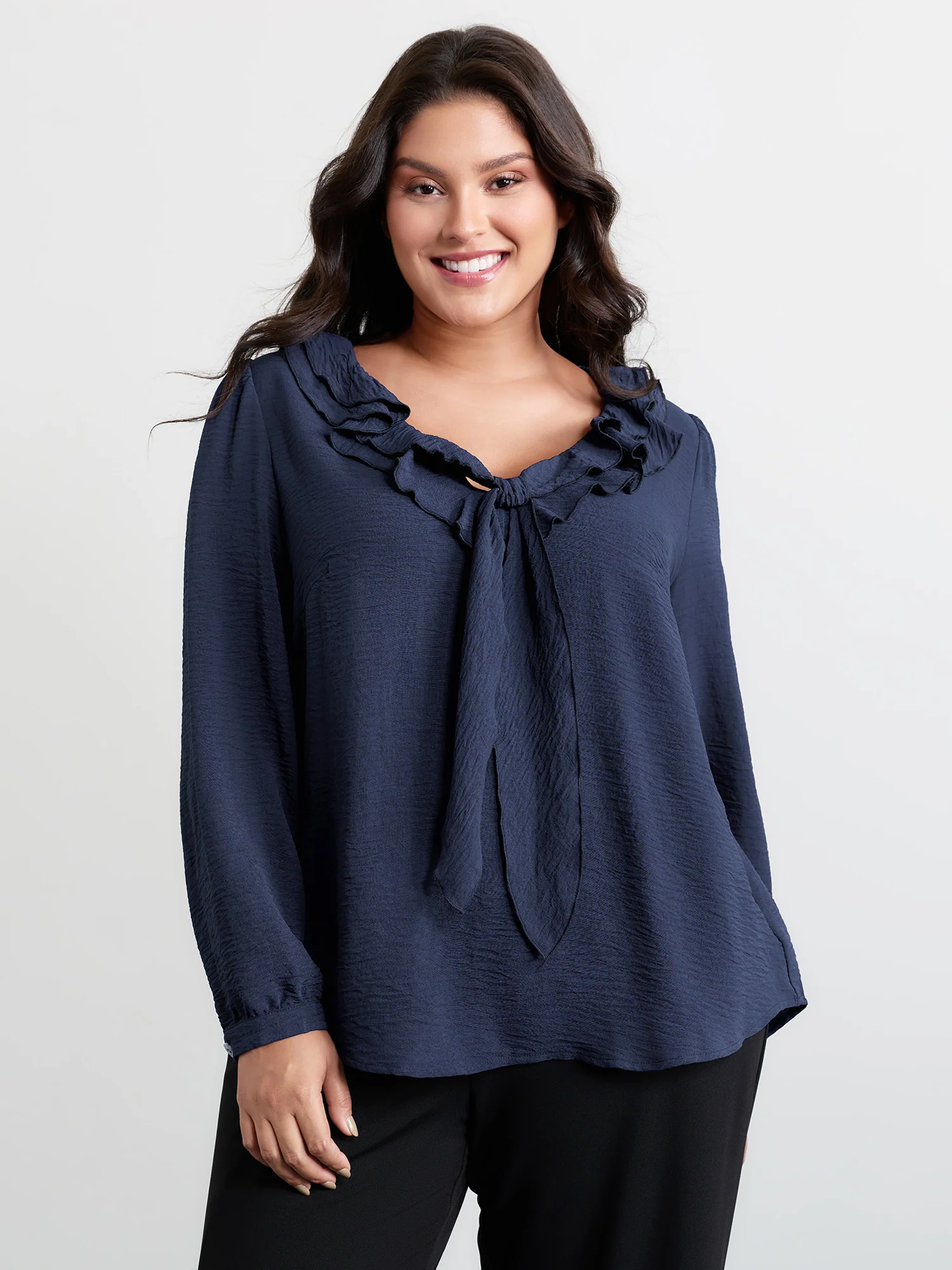 Ruffled Ribbon Neckline Pleated Blouse - Image 2