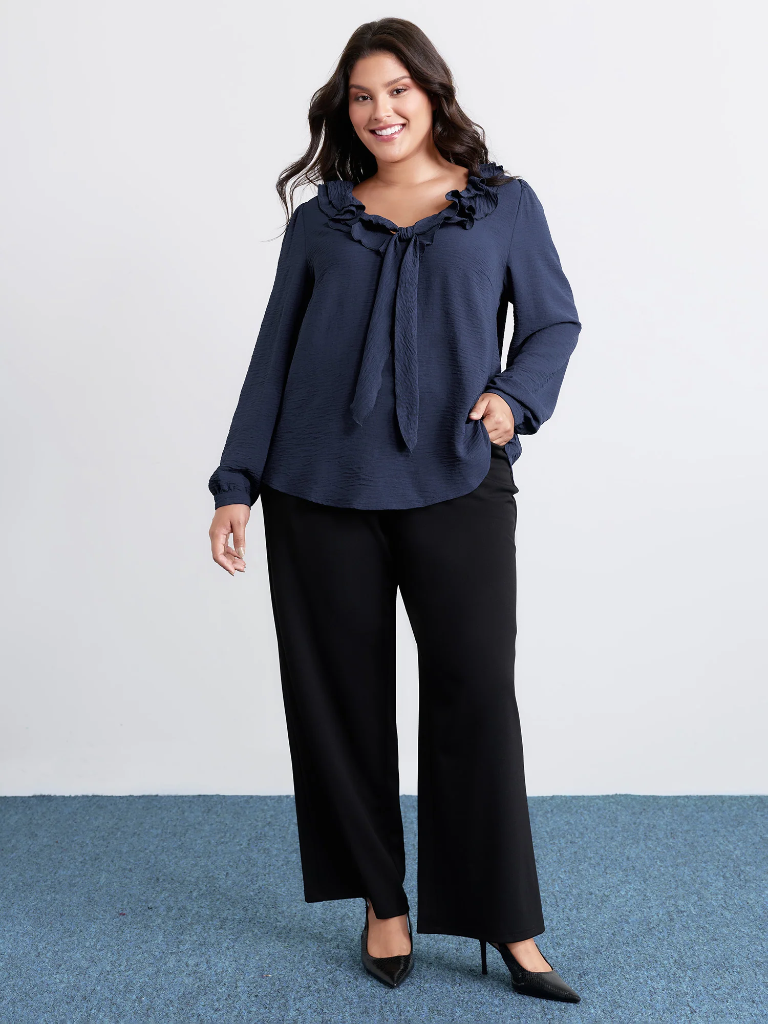 Ruffled Ribbon Neckline Pleated Blouse - Image 3