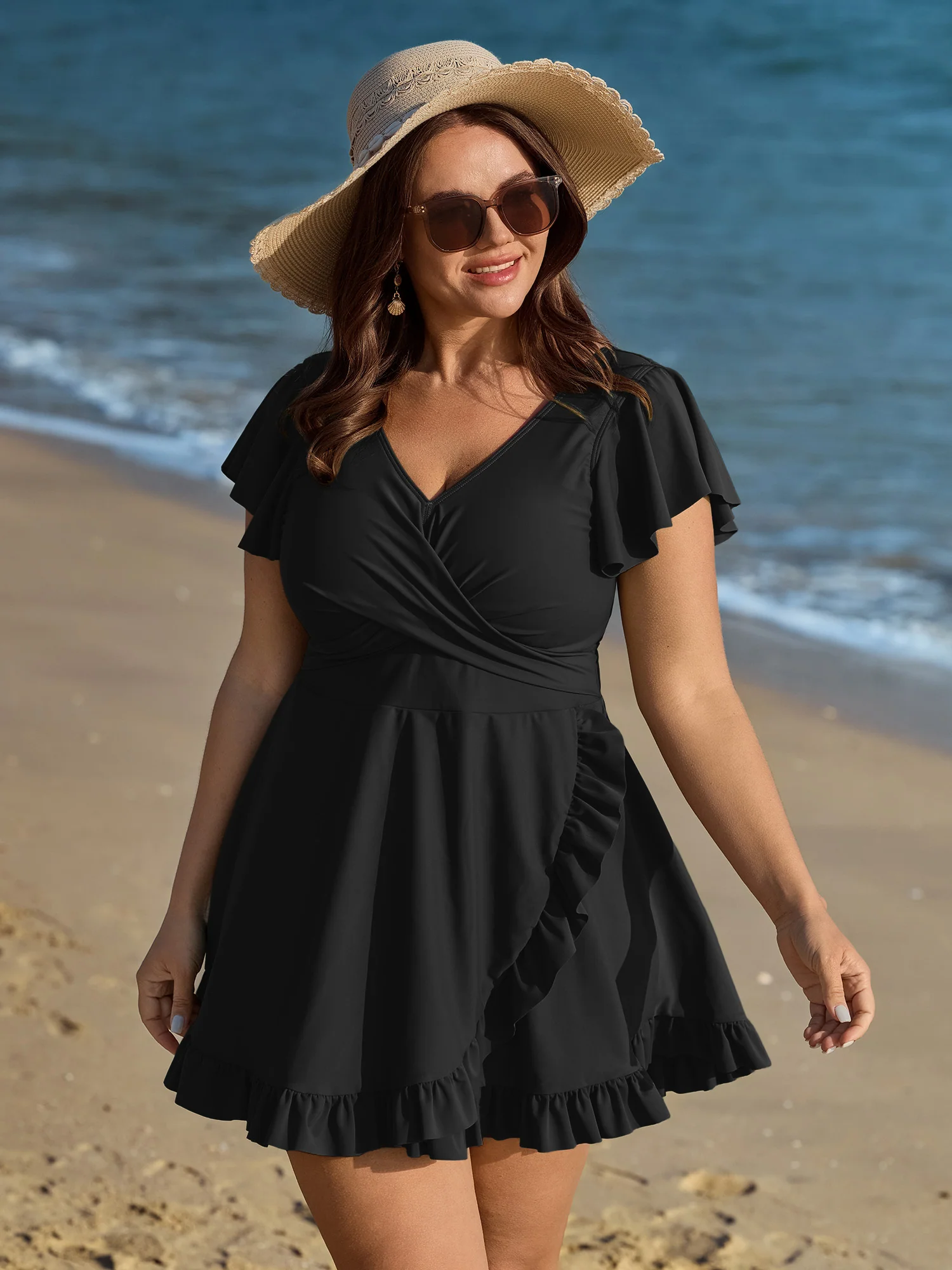 Ruffled Sleeve Curvy Hem Swim Dress - Image 11