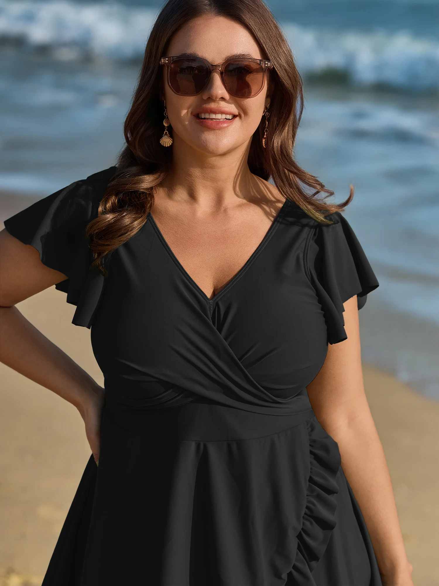 Ruffled Sleeve Curvy Hem Swim Dress - Image 12