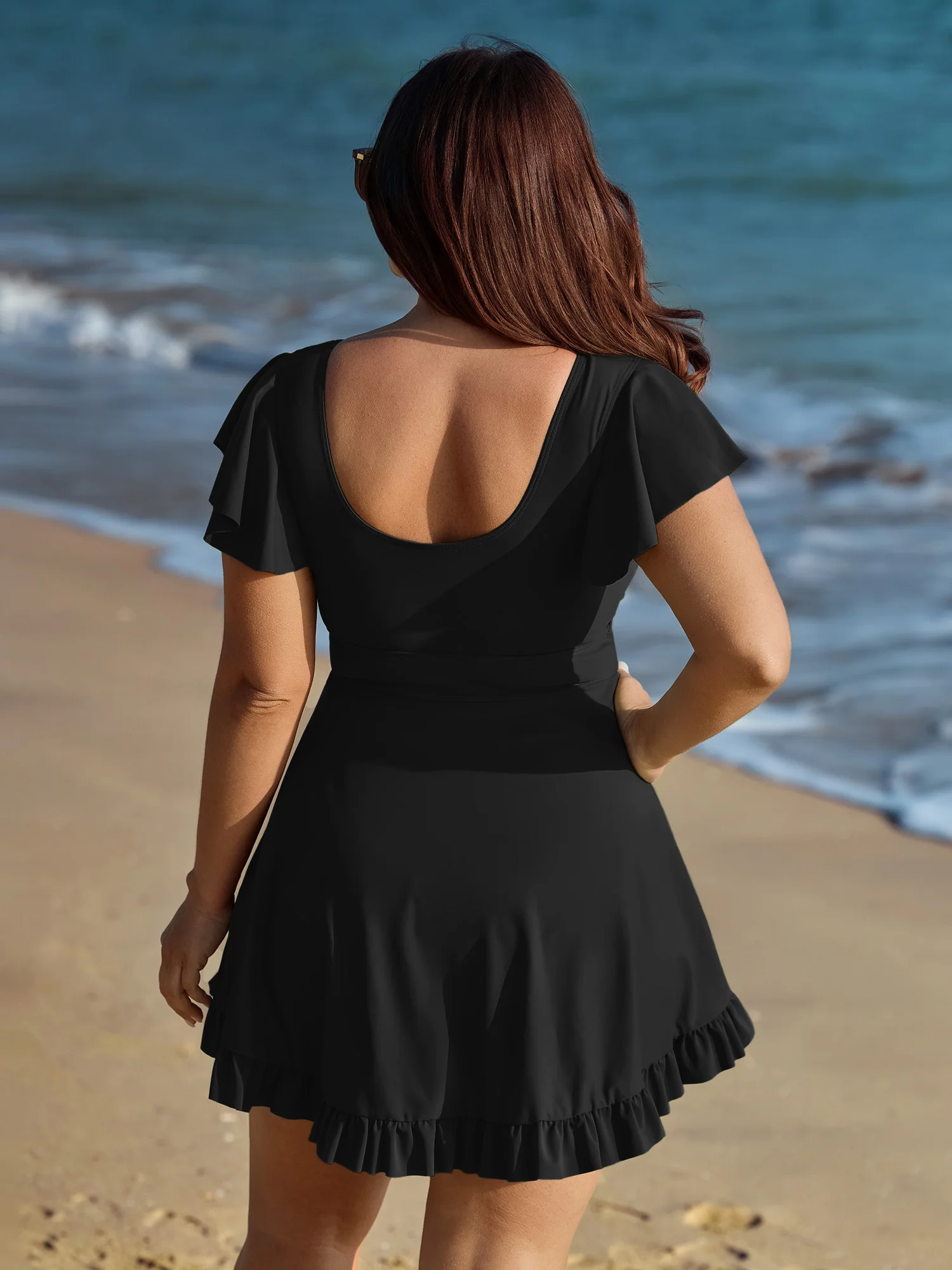 Ruffled Sleeve Curvy Hem Swim Dress - Image 14